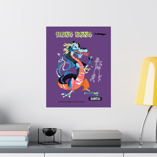 Vintage Qantas Travel Hong Kong Satin Poster