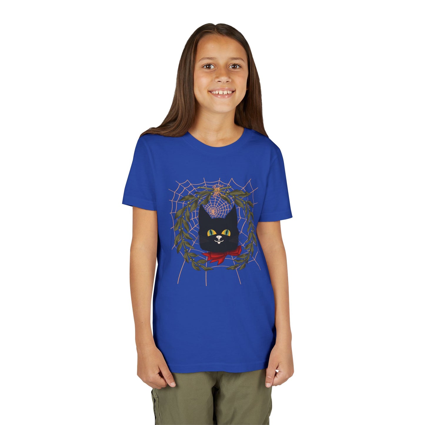 Youth Tee — Black Cat Wreath Holiday Shirt