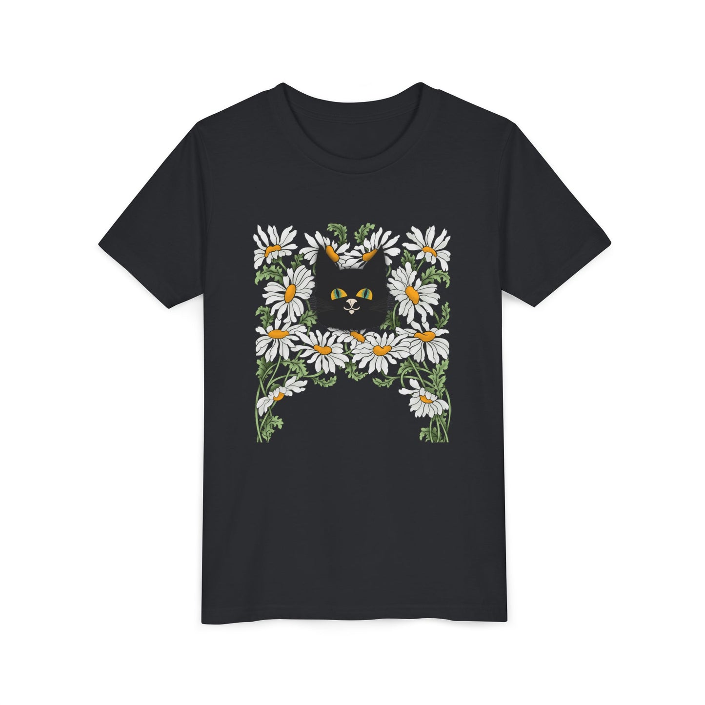 Daisies floral Youth Tee — Black Cat in Daisy Wreath Graphic