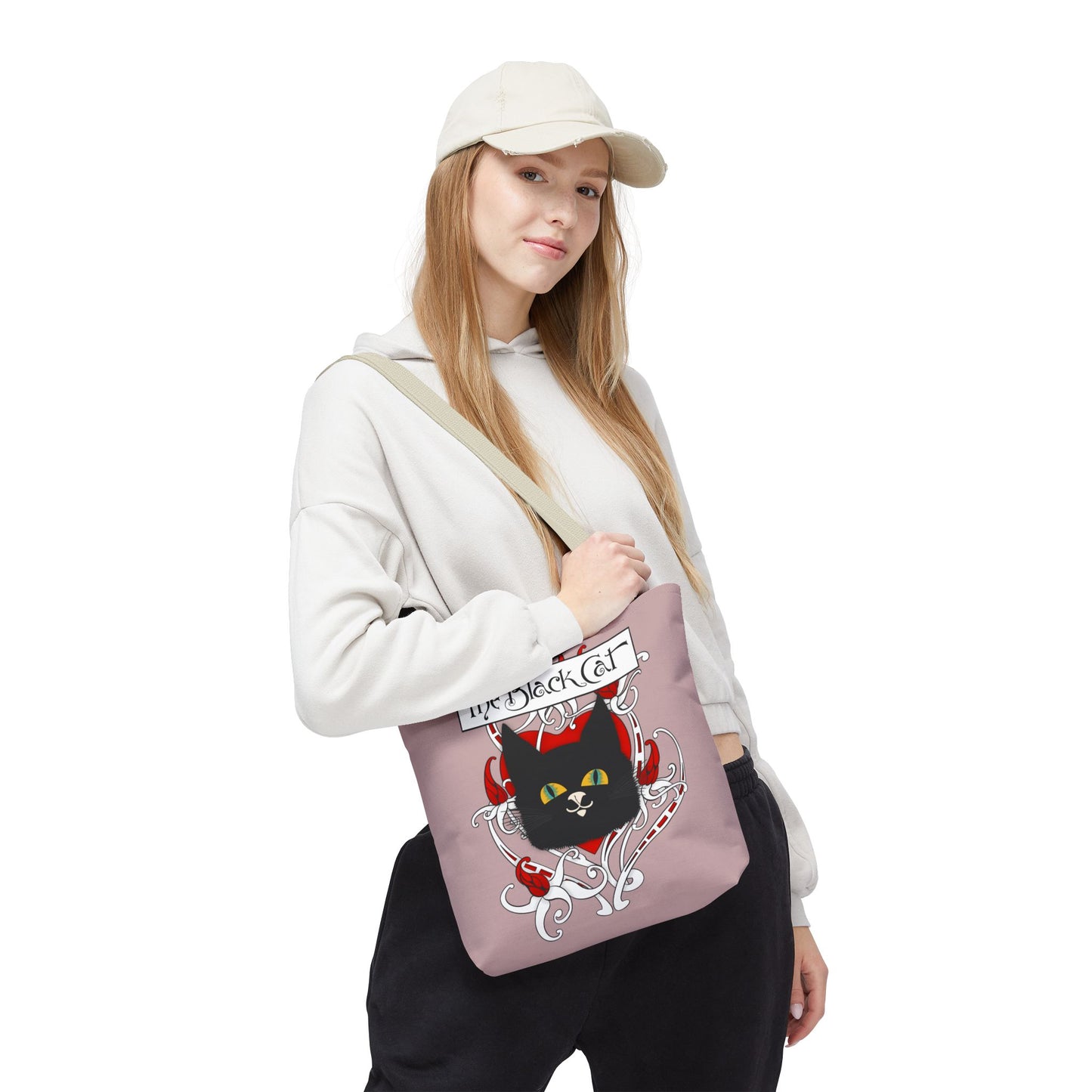 Black Cat Heart Tote Bag — 'The Black Cat' Gothic Vintage Cat Illustration Beach & Market Bag