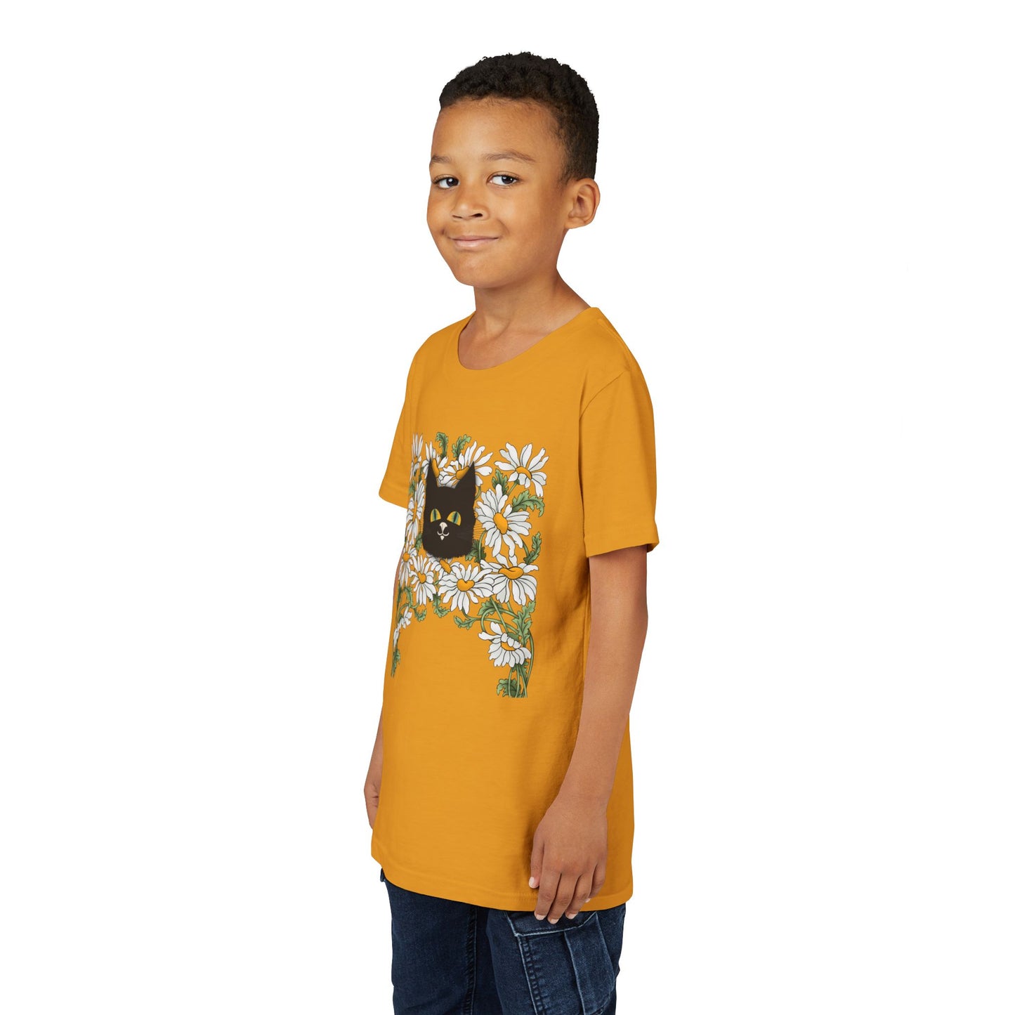 Daisies floral Youth Tee — Black Cat in Daisy Wreath Graphic