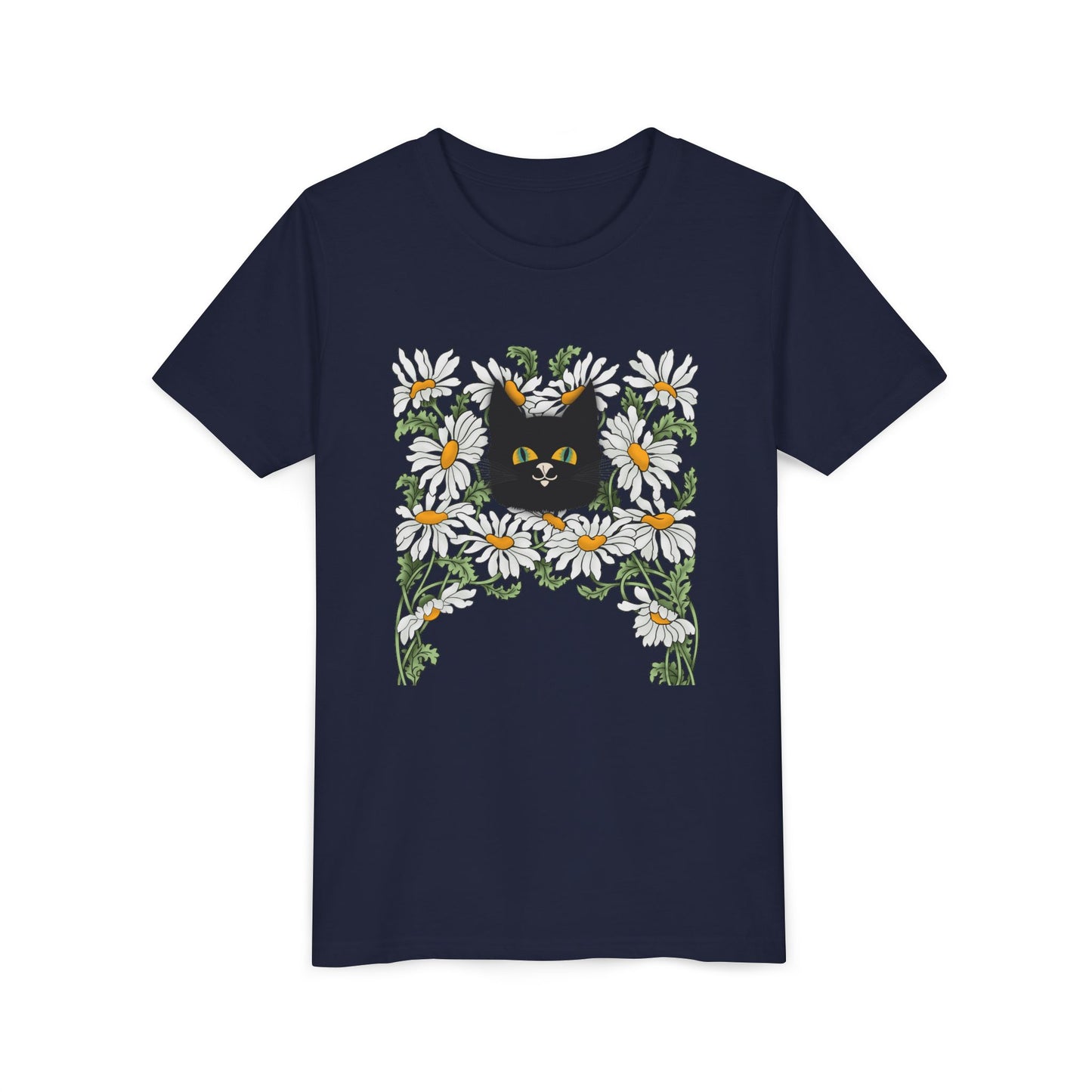 Daisies floral Youth Tee — Black Cat in Daisy Wreath Graphic