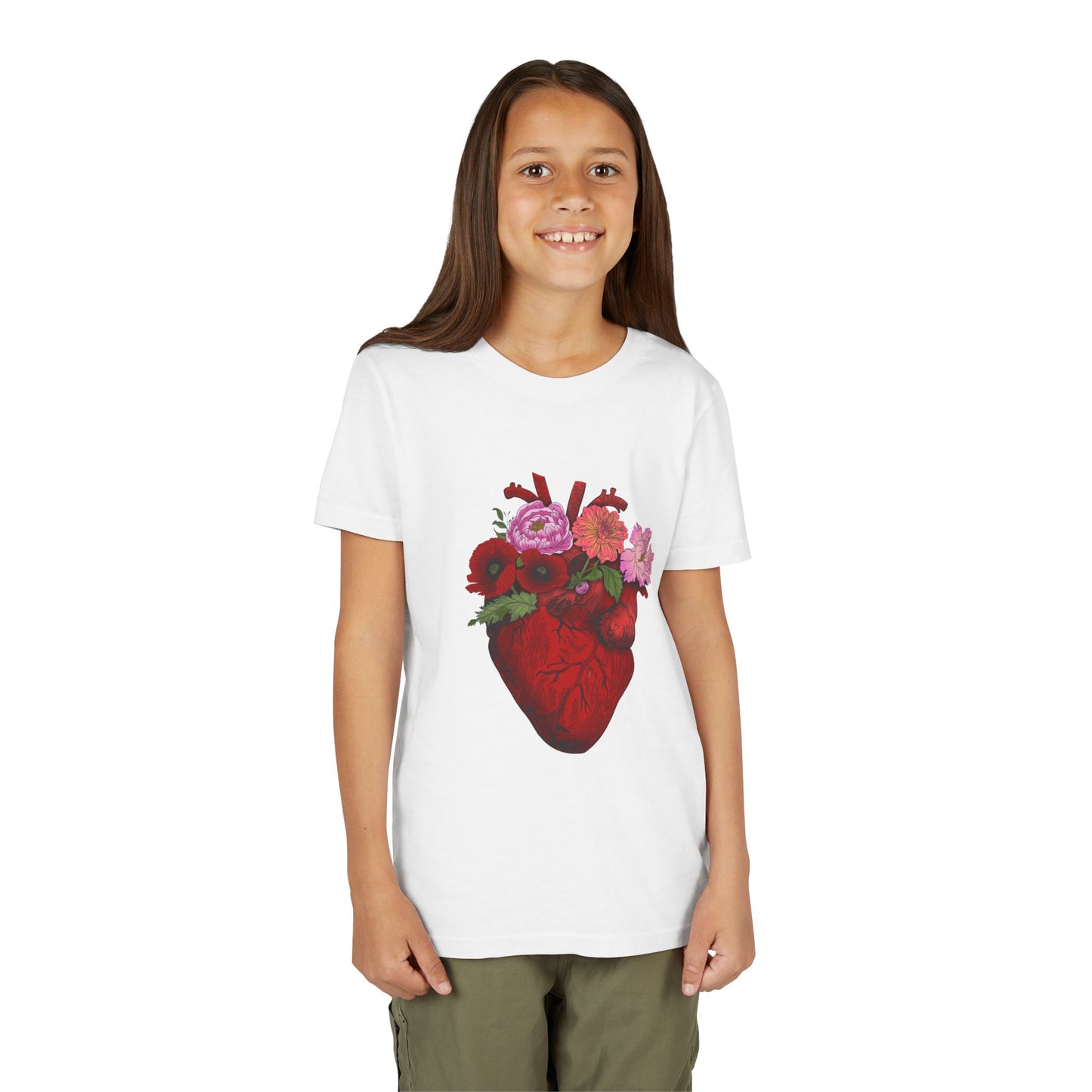 Floral Heart Youth Tee — Floral Anatomical Heart Graphic Kids T-Shirt