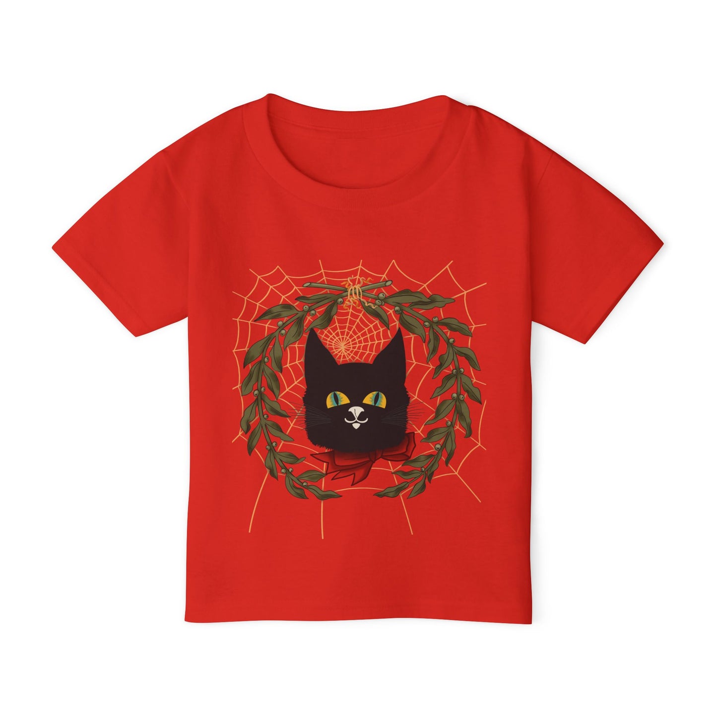 Toddler T‑Shirt — Black Cat Wreath with Web Tee (Cute Halloween)