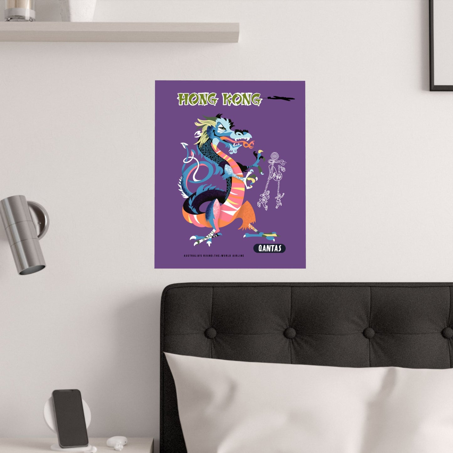 Vintage Qantas Travel Hong Kong Satin Poster