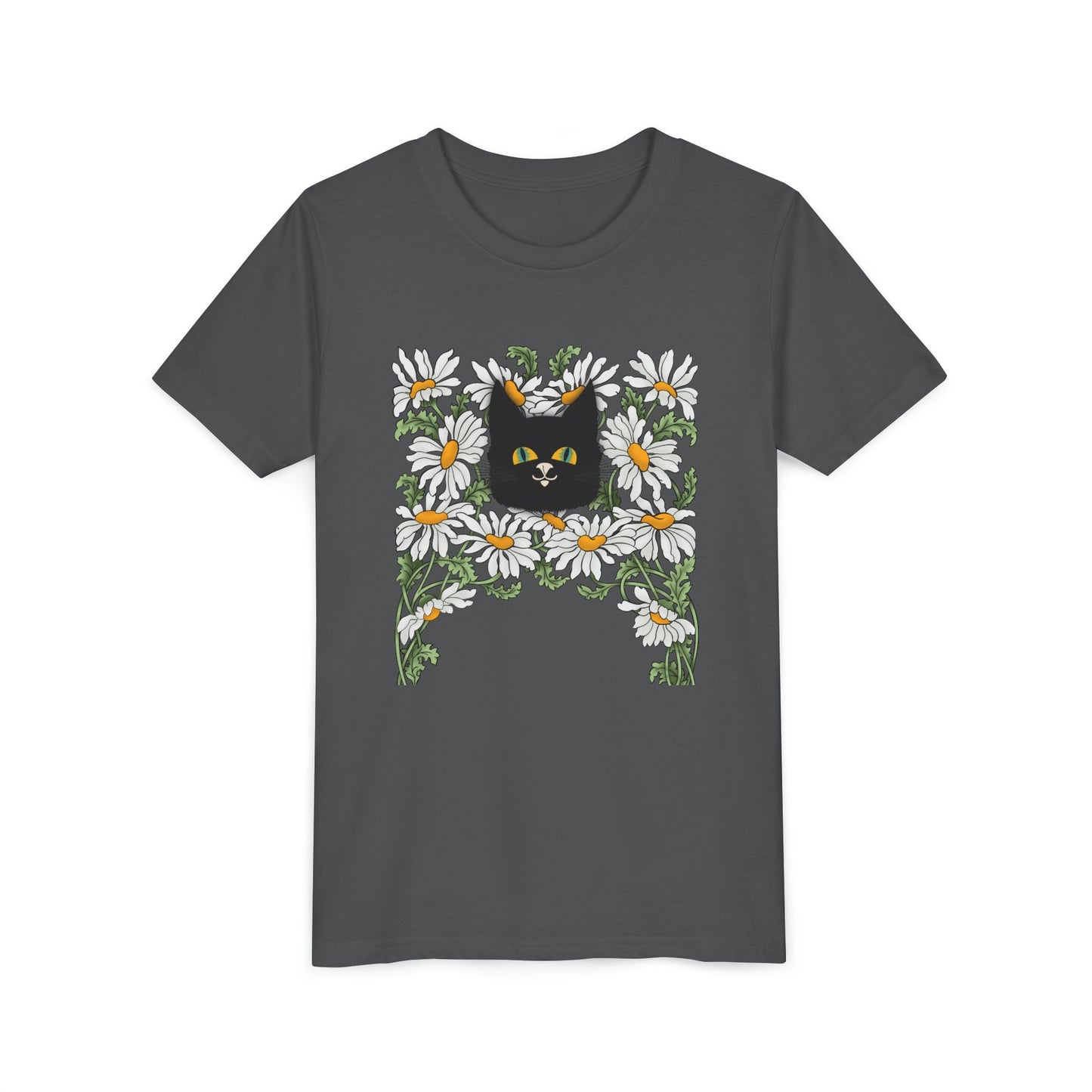 Daisies floral Youth Tee — Black Cat in Daisy Wreath Graphic