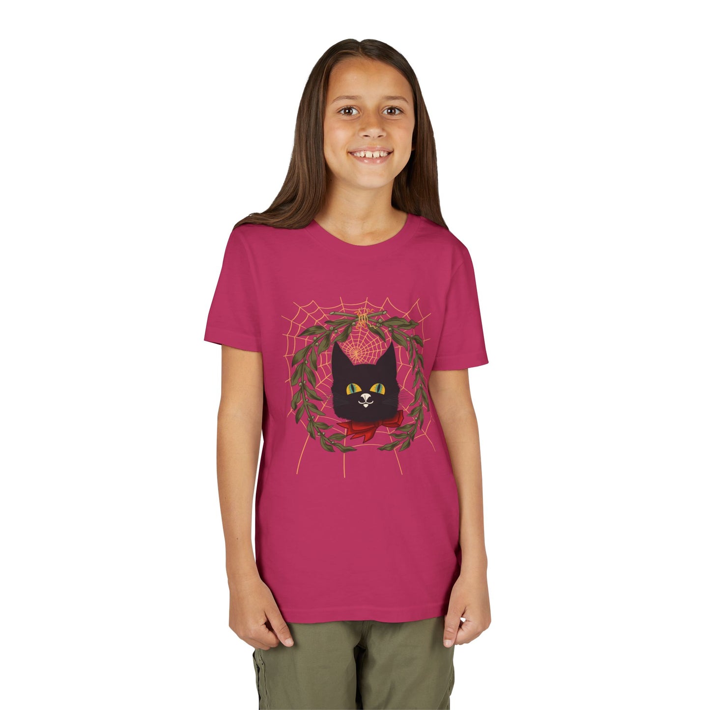 Youth Tee — Black Cat Wreath Holiday Shirt