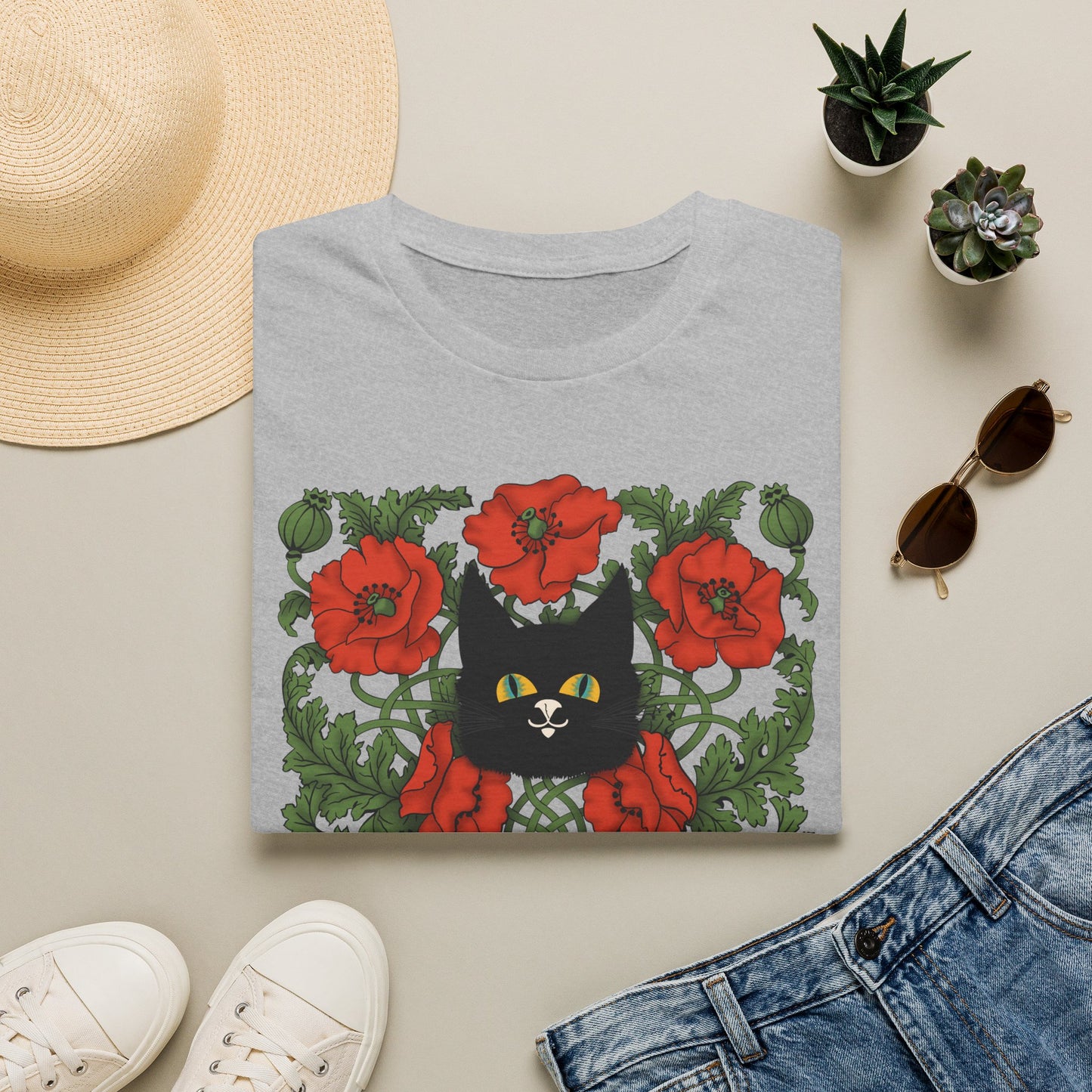 Black Cat & Red Poppies T-Shirt