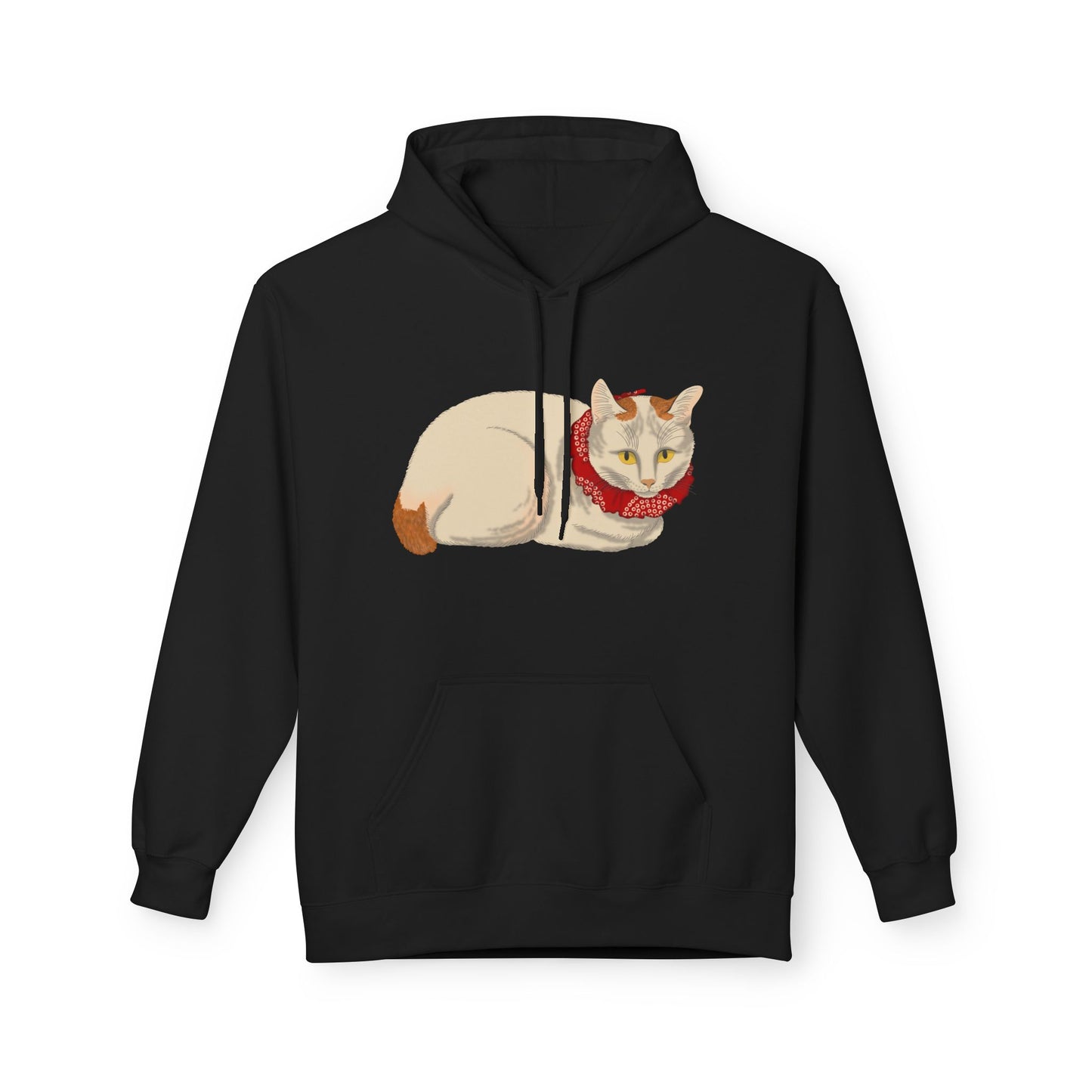 Cozy Red-Scarf Cat Hoodie — Cute Cream Cat Graphic Pullover