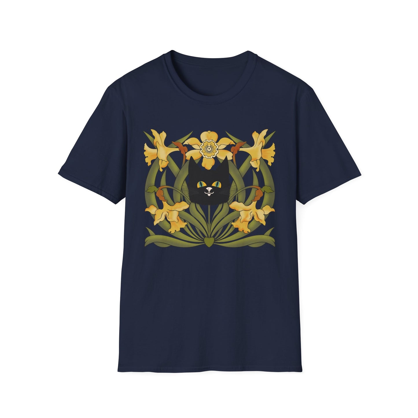 Daffodil Black Cat T‑Shirt — Retro Floral Cat Tee