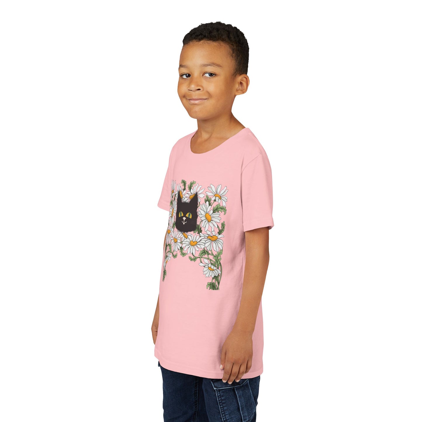 Daisies floral Youth Tee — Black Cat in Daisy Wreath Graphic