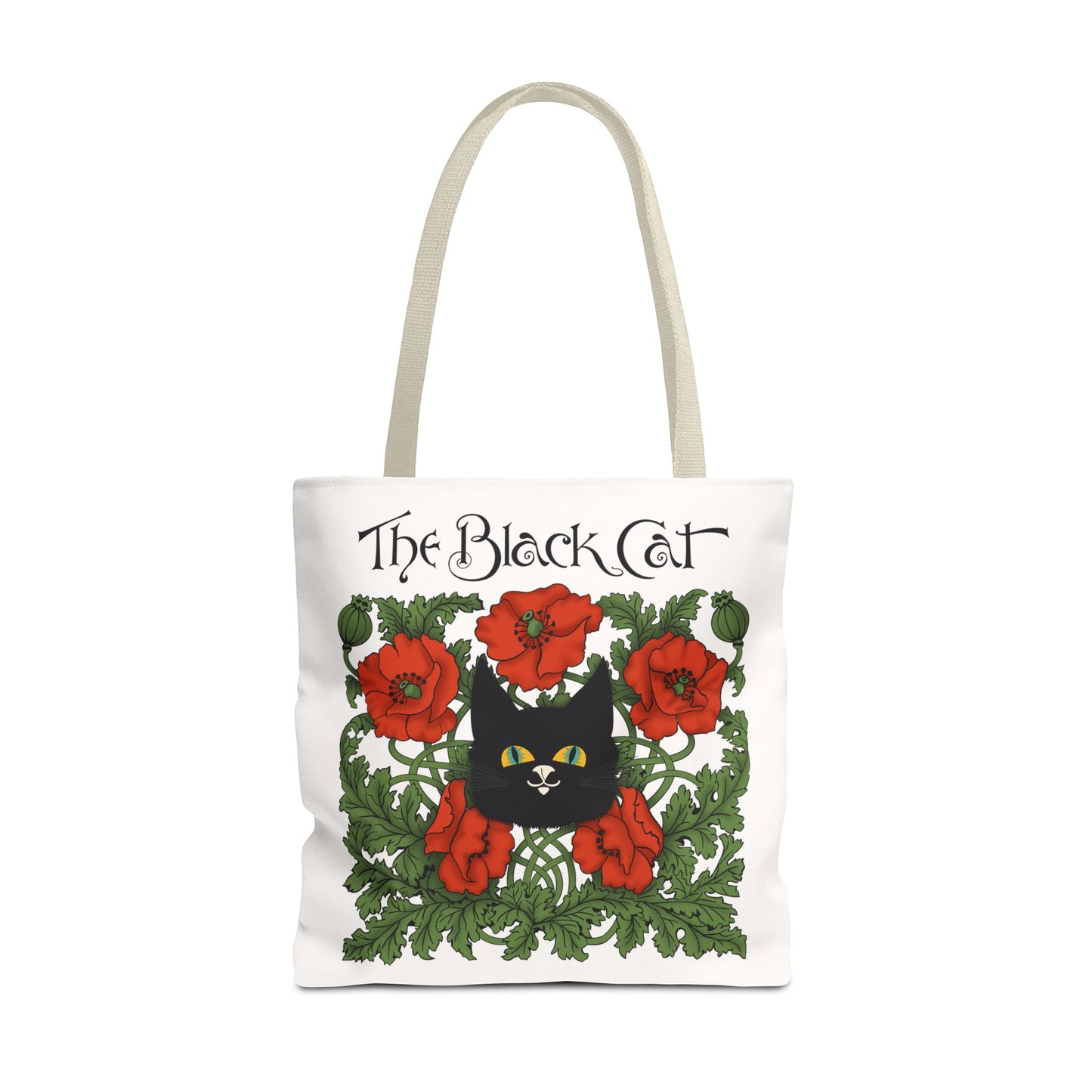 The Black Cat Poppies Tote Bag — Vintage Floral Cat Art Tote