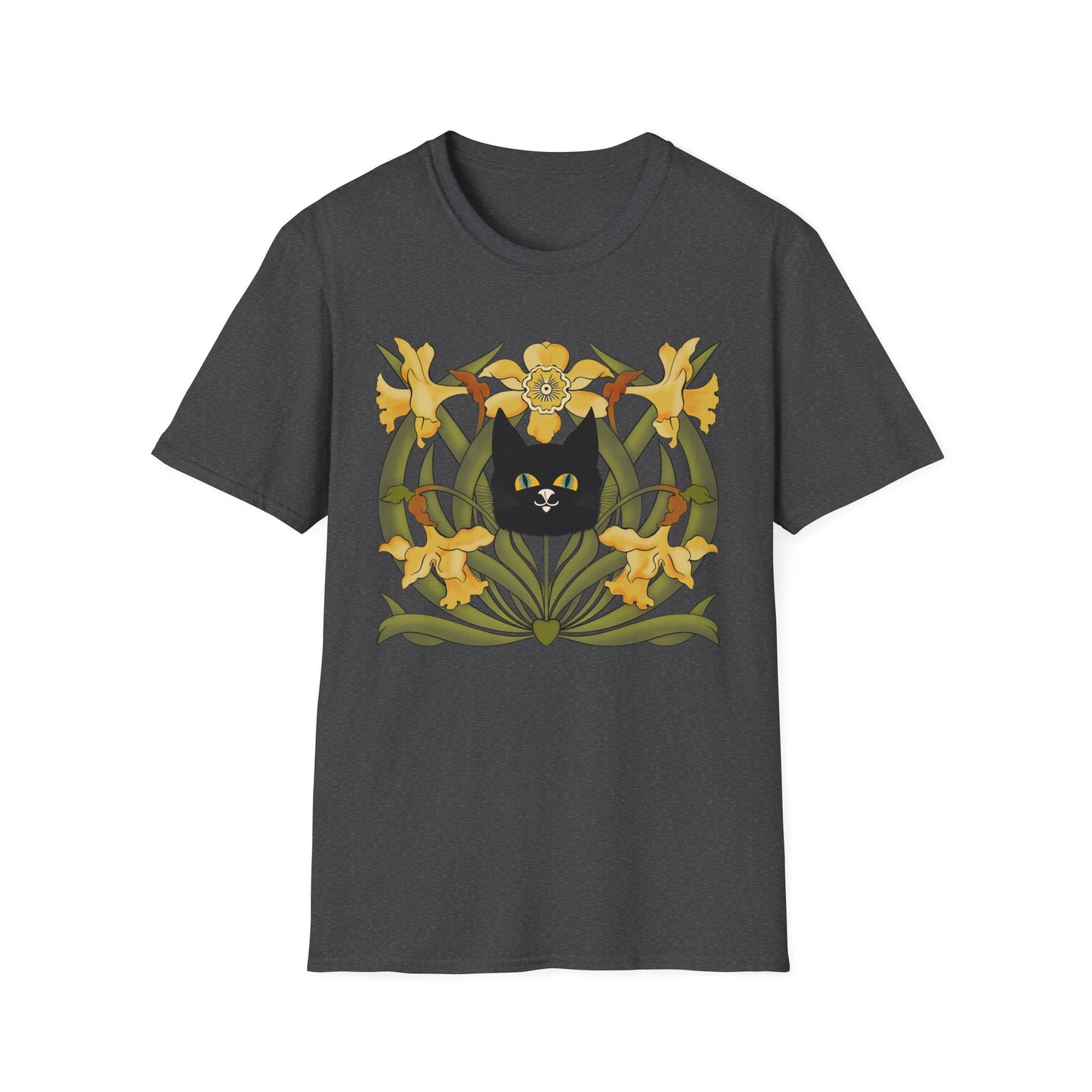 Daffodil Black Cat T‑Shirt — Retro Floral Cat Tee