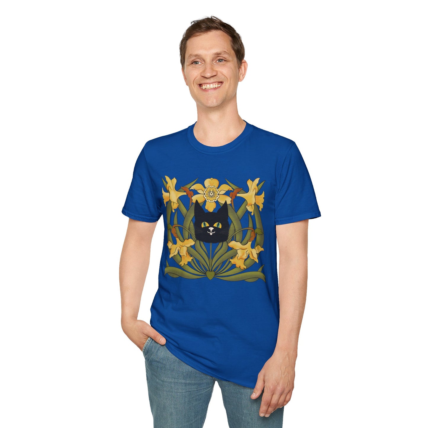 Daffodil Black Cat T‑Shirt — Retro Floral Cat Tee