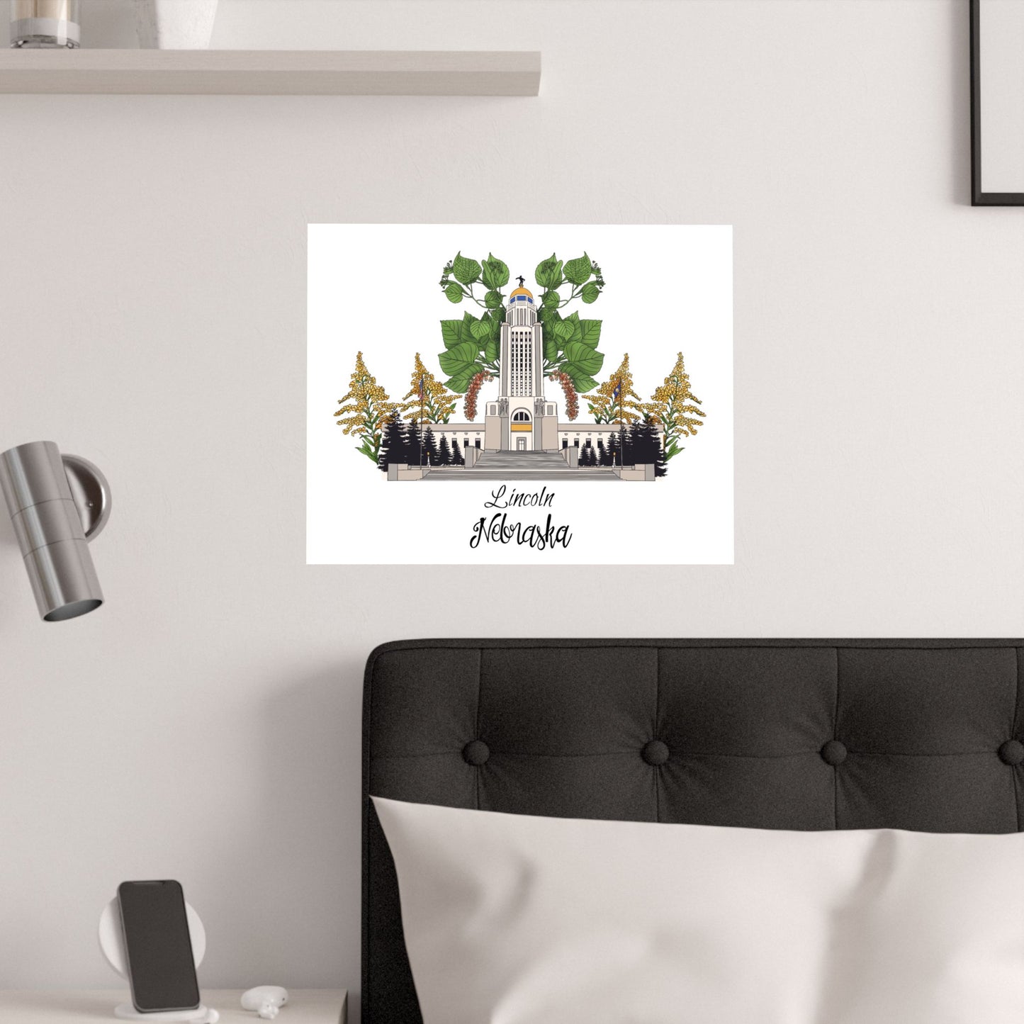 Lincoln Nebraska Satin Poster - 210gsm Art Print with Tower and Flora Design