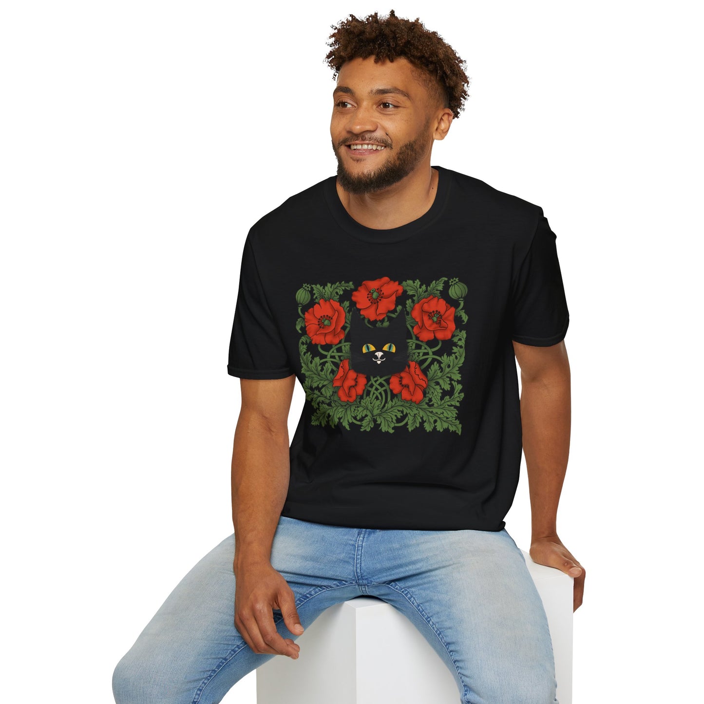 Black Cat & Red Poppies T-Shirt