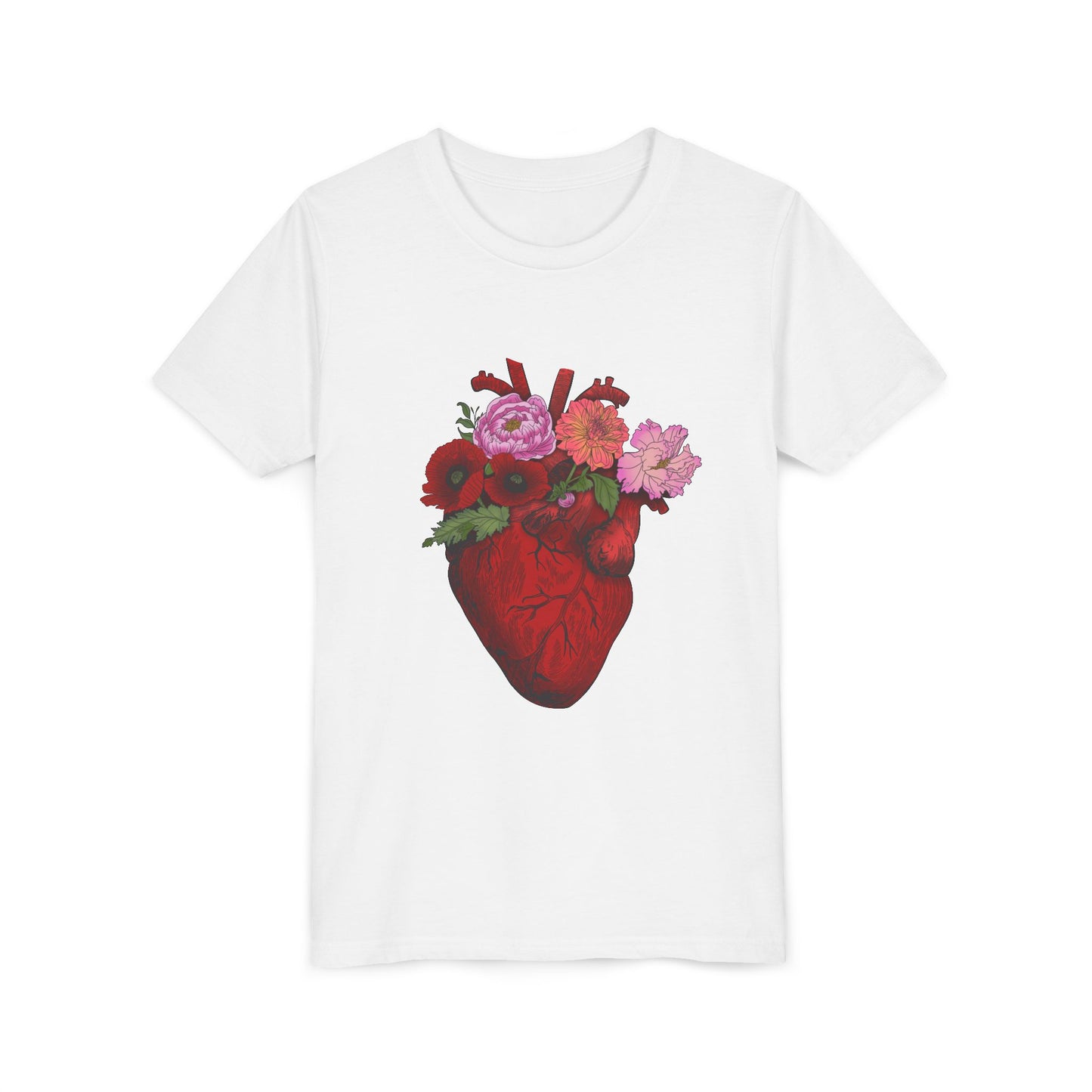 Floral Heart Youth Tee — Floral Anatomical Heart Graphic Kids T-Shirt