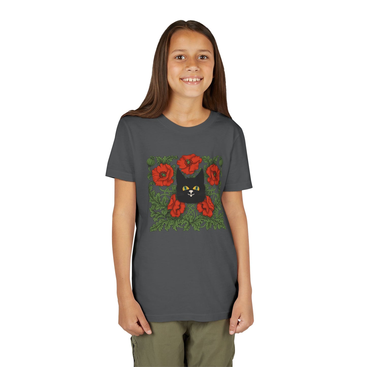 Black Cat Poppies Floral Youth Tee — Black Cat with Red Poppies Kids Shirt