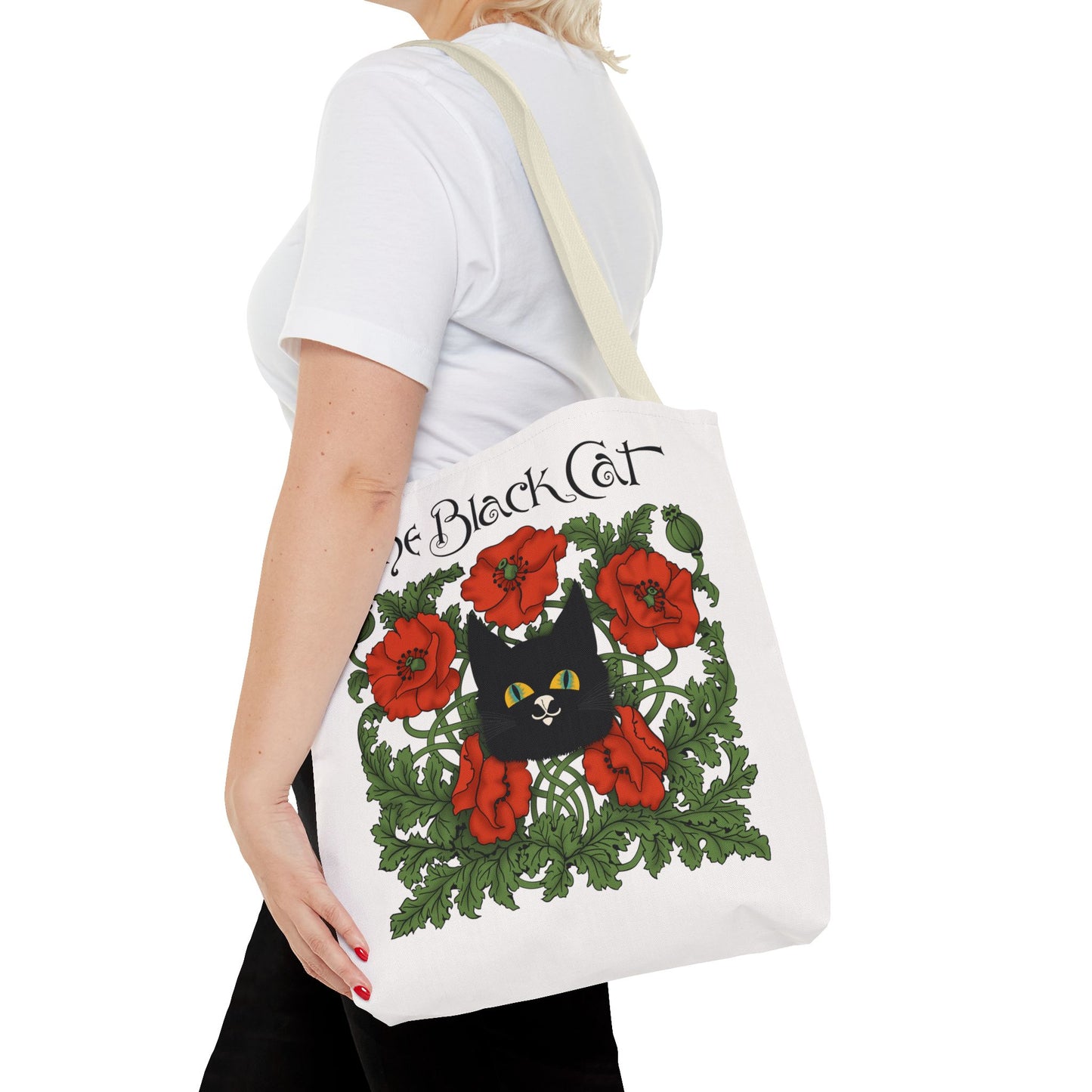 The Black Cat Poppies Tote Bag — Vintage Floral Cat Art Tote
