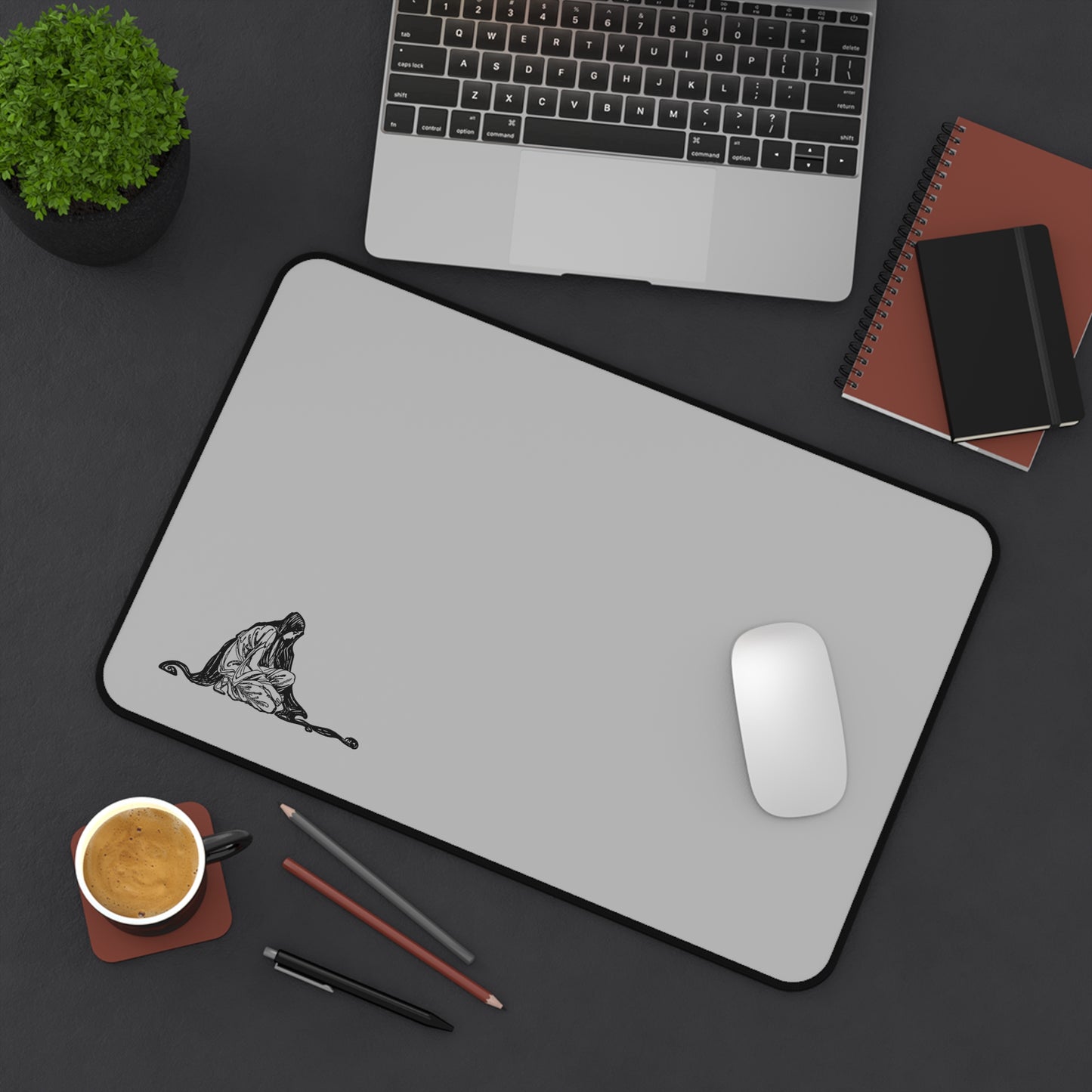 Elegant Grey Desk Mat with Artistic Illustration