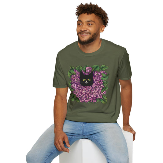 Lilac Cat T-Shirt — Black Cat Nestled in Lilac Flowers