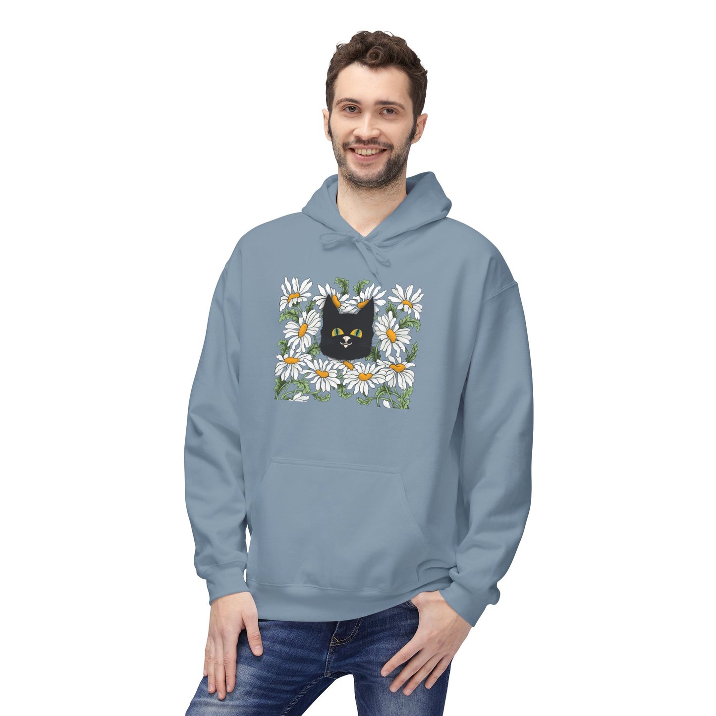 Black Cat in Daisies Hoodie – Floral Cat Graphic Pullover