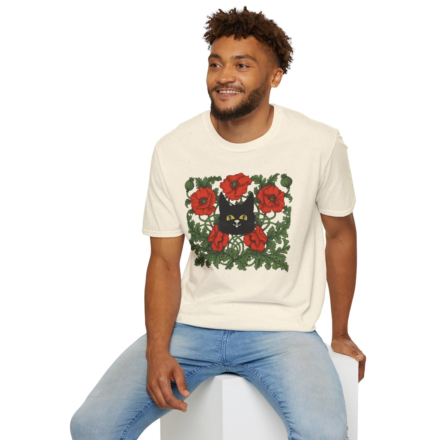 Black Cat & Red Poppies T-Shirt