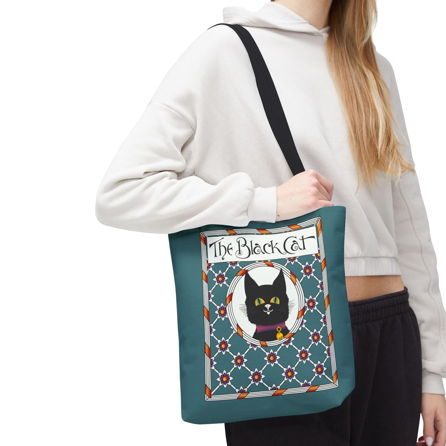 The Black Cat Teal Tote Bag — Vintage Art Nouveau Cat Shopper