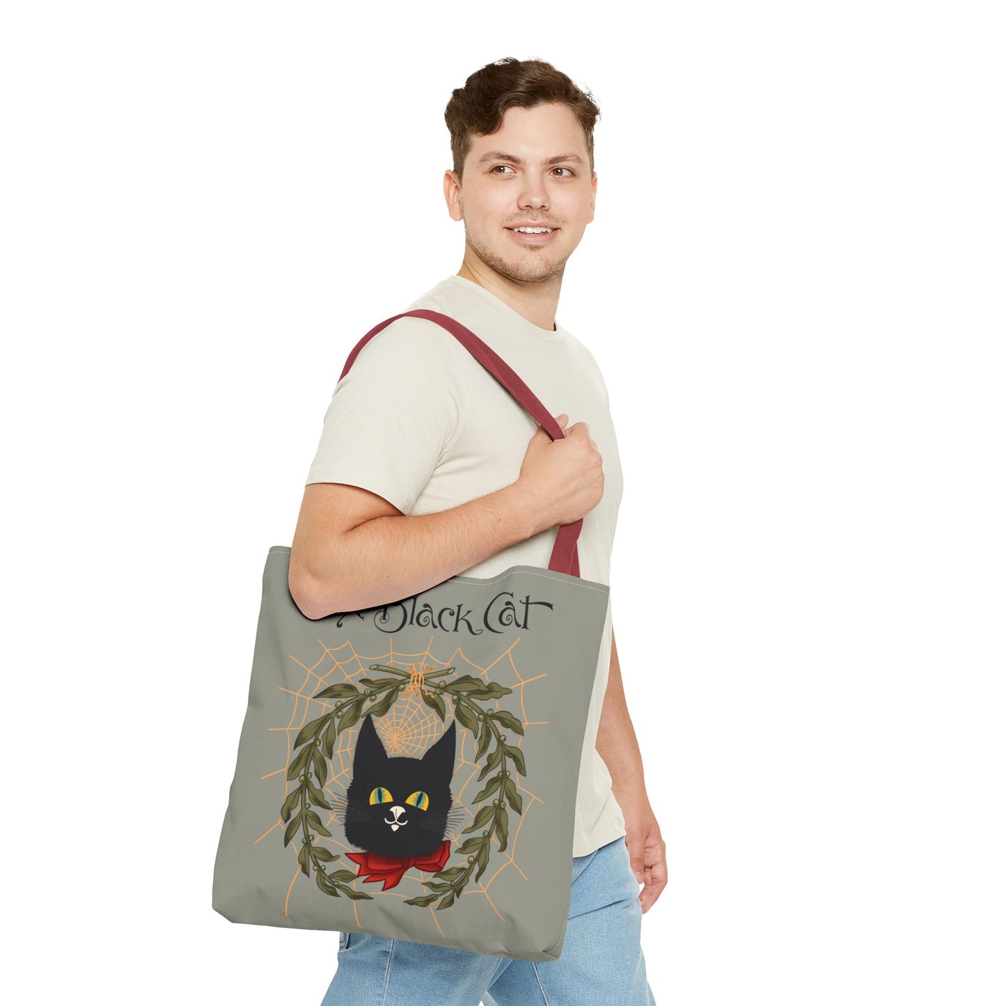 The Black Cat Web Tote Bag — Vintage Witchy Cat Holiday Grocery Tote