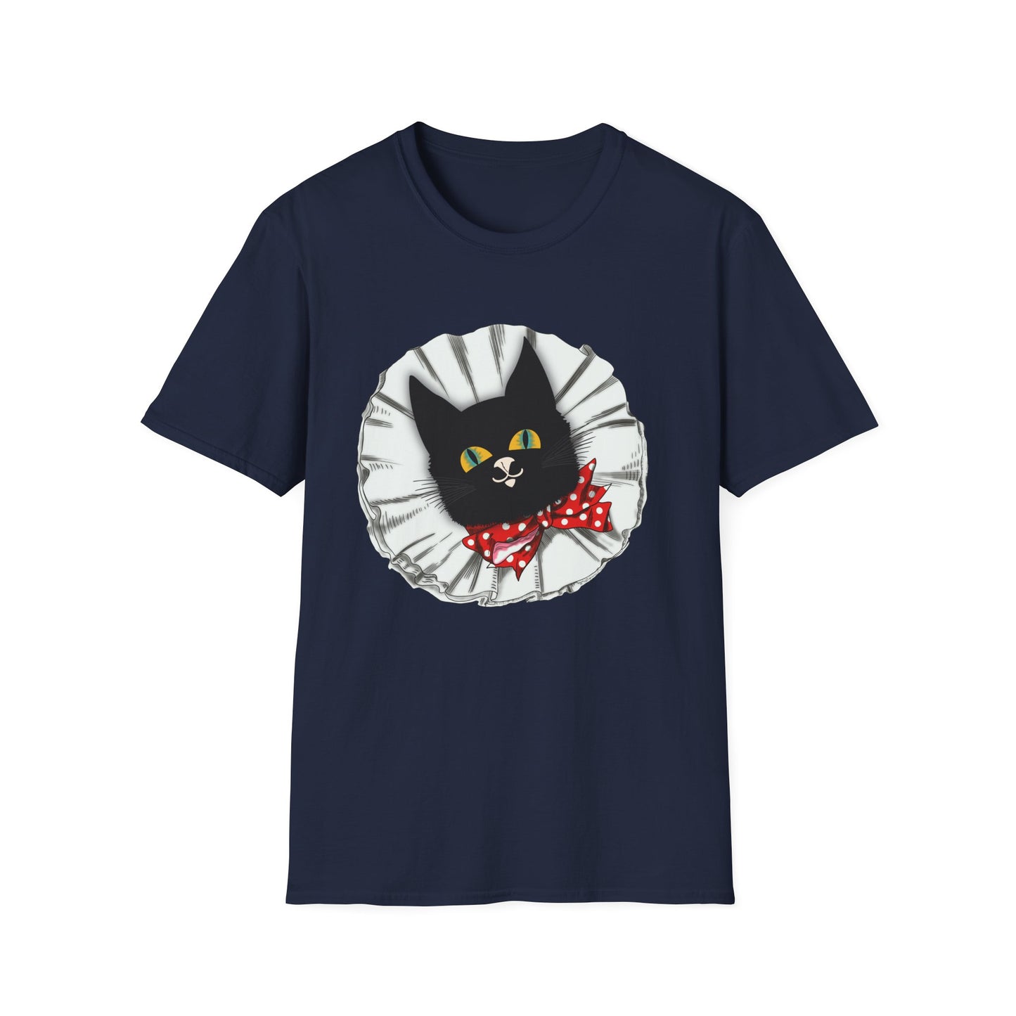 Black Cat Clown Portrait T‑Shirt — Cute Cat Face with Red Bow Graphic Tee