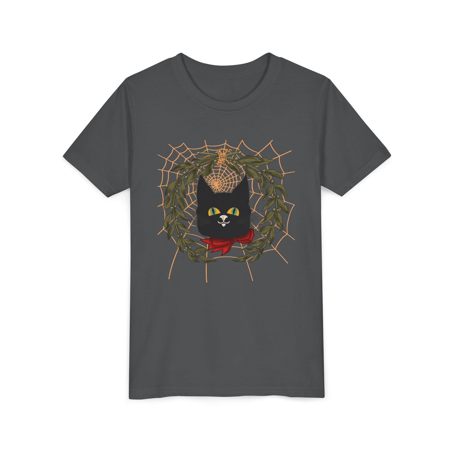 Youth Tee — Black Cat Wreath Holiday Shirt