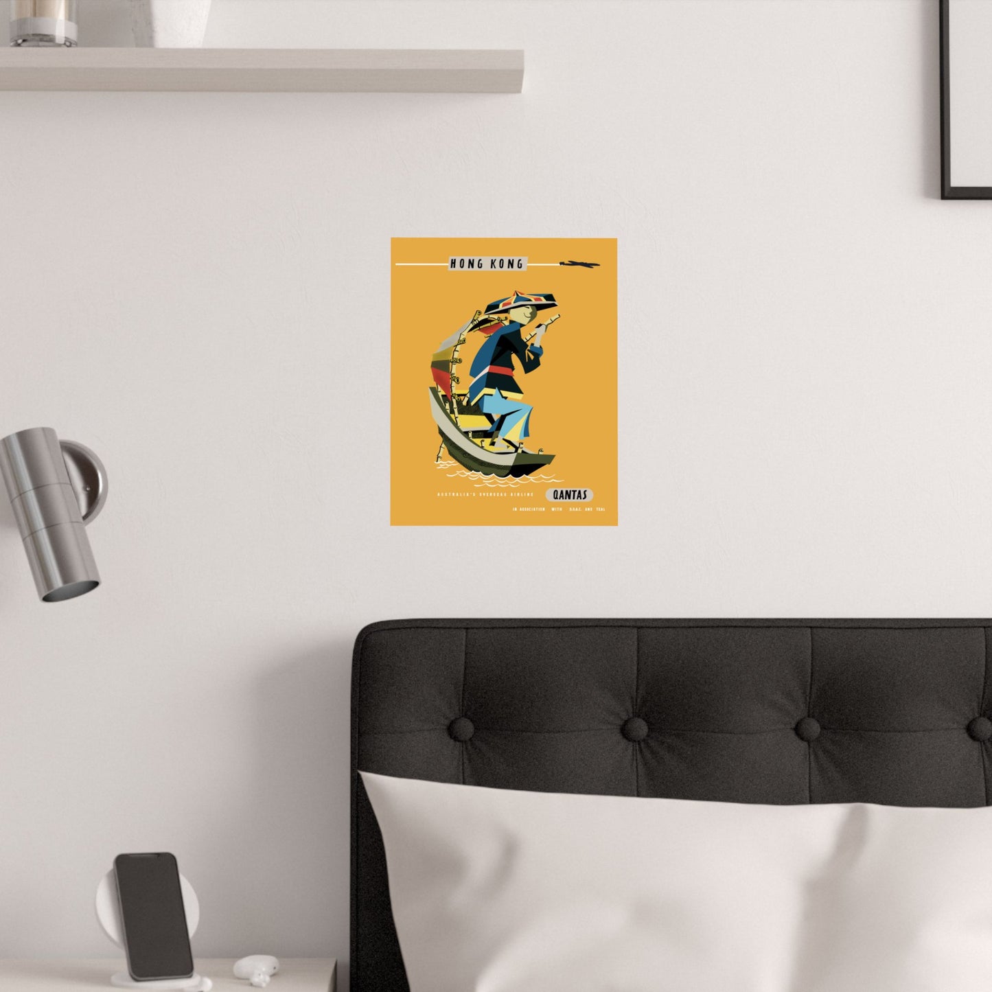 Vintage Qantas Airline Hong Kong Travel Destination Satin Poster