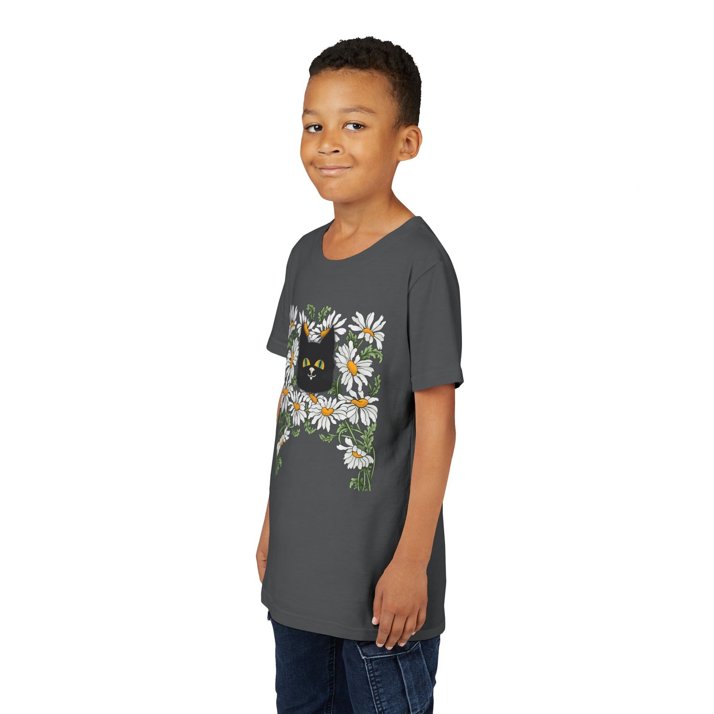 Daisies floral Youth Tee — Black Cat in Daisy Wreath Graphic