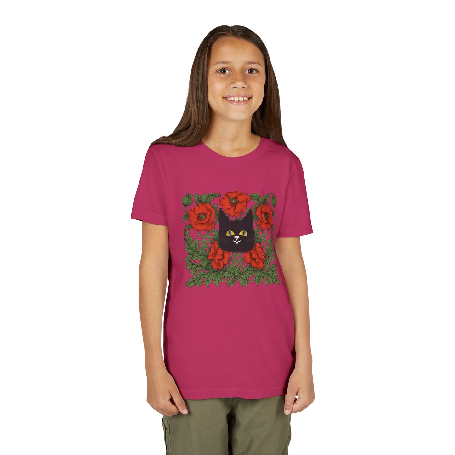 Black Cat Poppies Floral Youth Tee — Black Cat with Red Poppies Kids Shirt