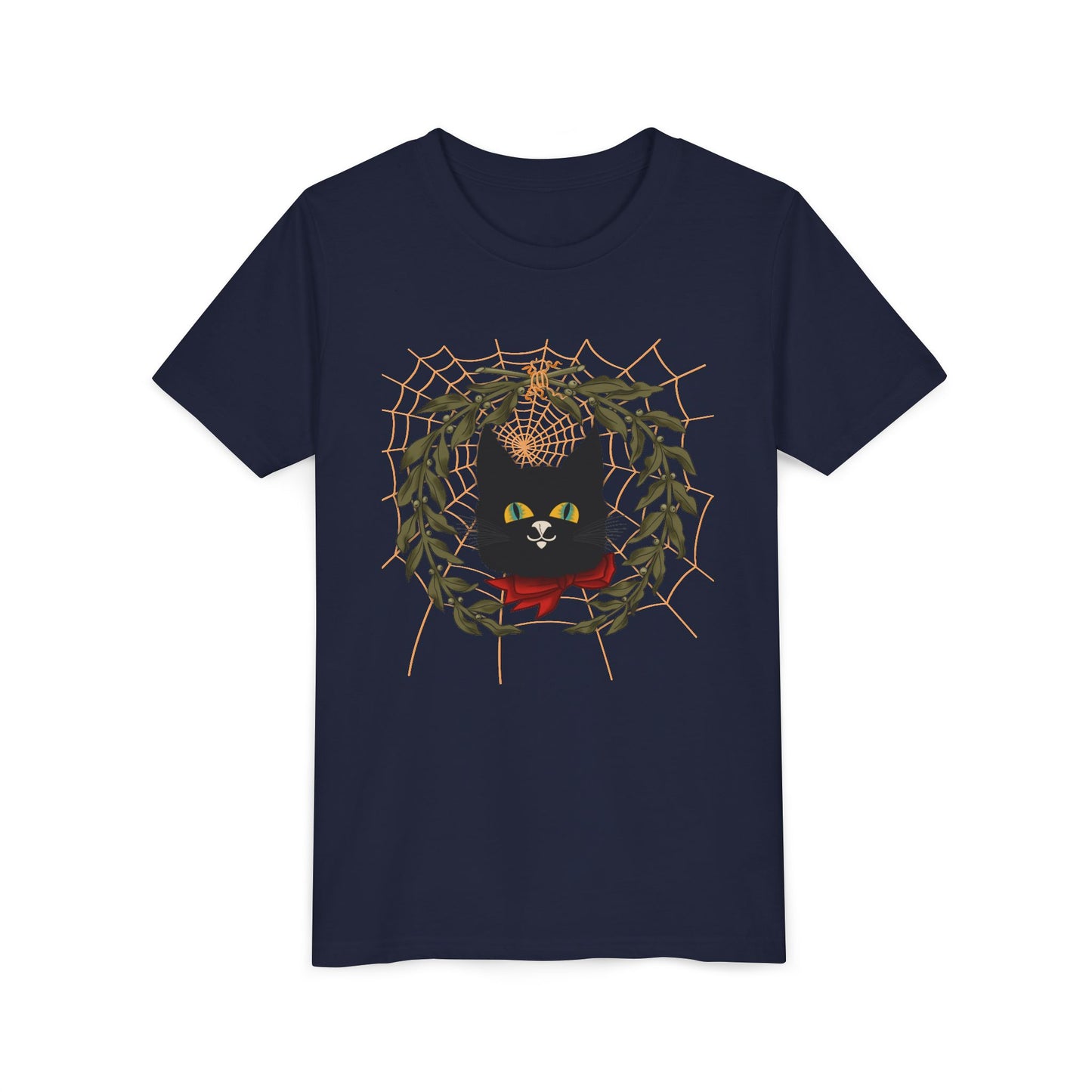 Youth Tee — Black Cat Wreath Holiday Shirt