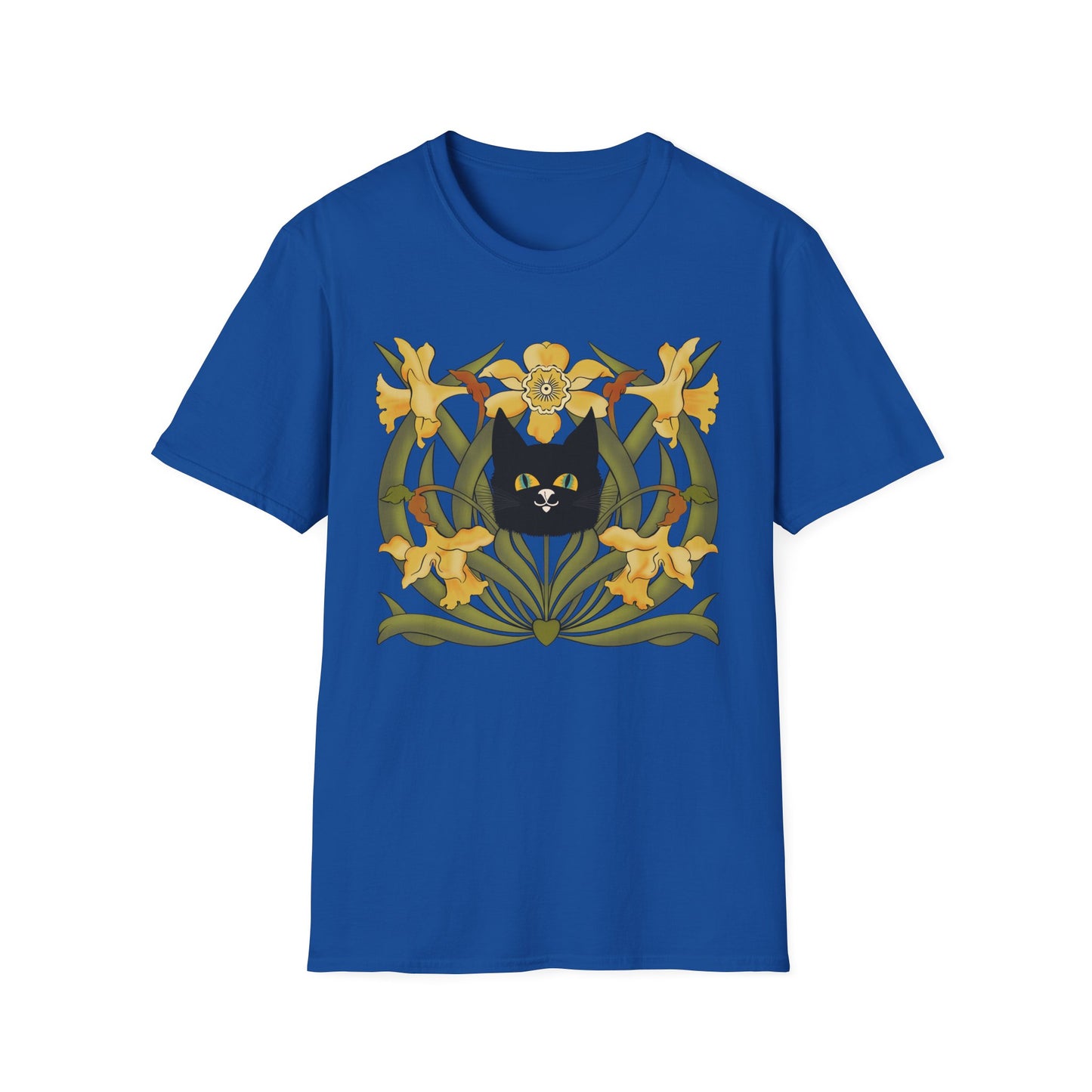 Daffodil Black Cat T‑Shirt — Retro Floral Cat Tee
