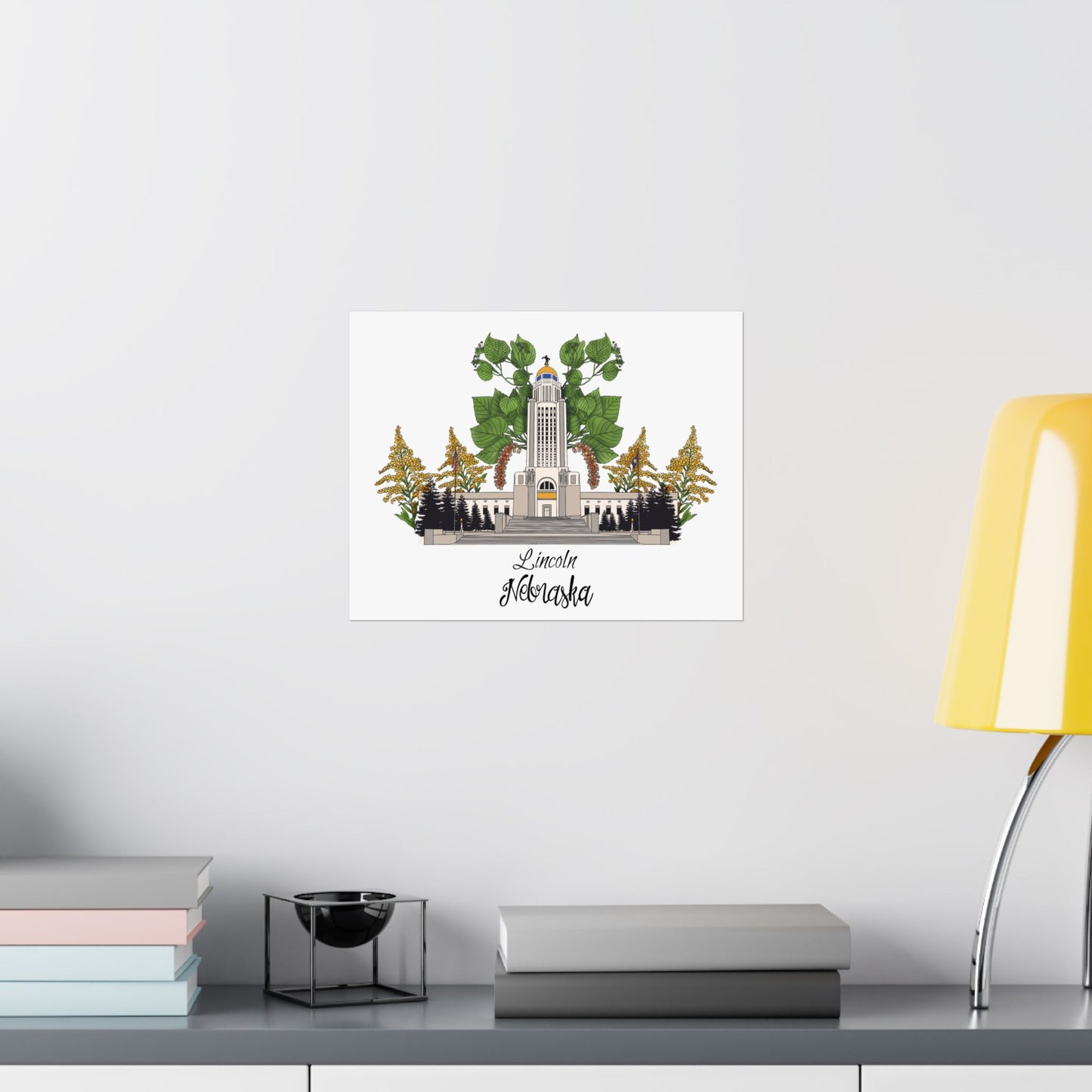 Lincoln Nebraska Satin Poster - 210gsm Art Print with Tower and Flora Design