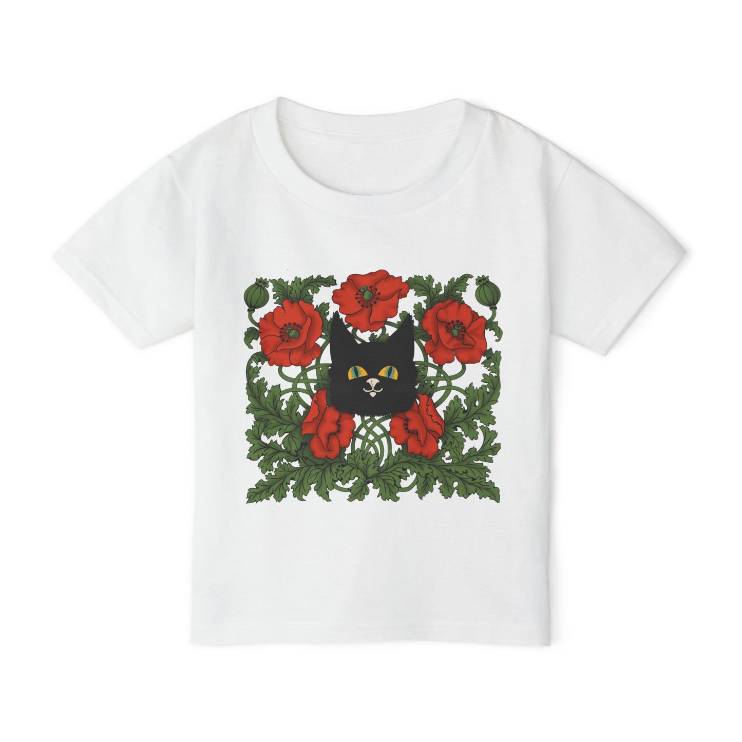 Poppies Black Cat Toddler T-Shirt — Black Cat in Poppy Garden (Cute Floral Kids Tee)