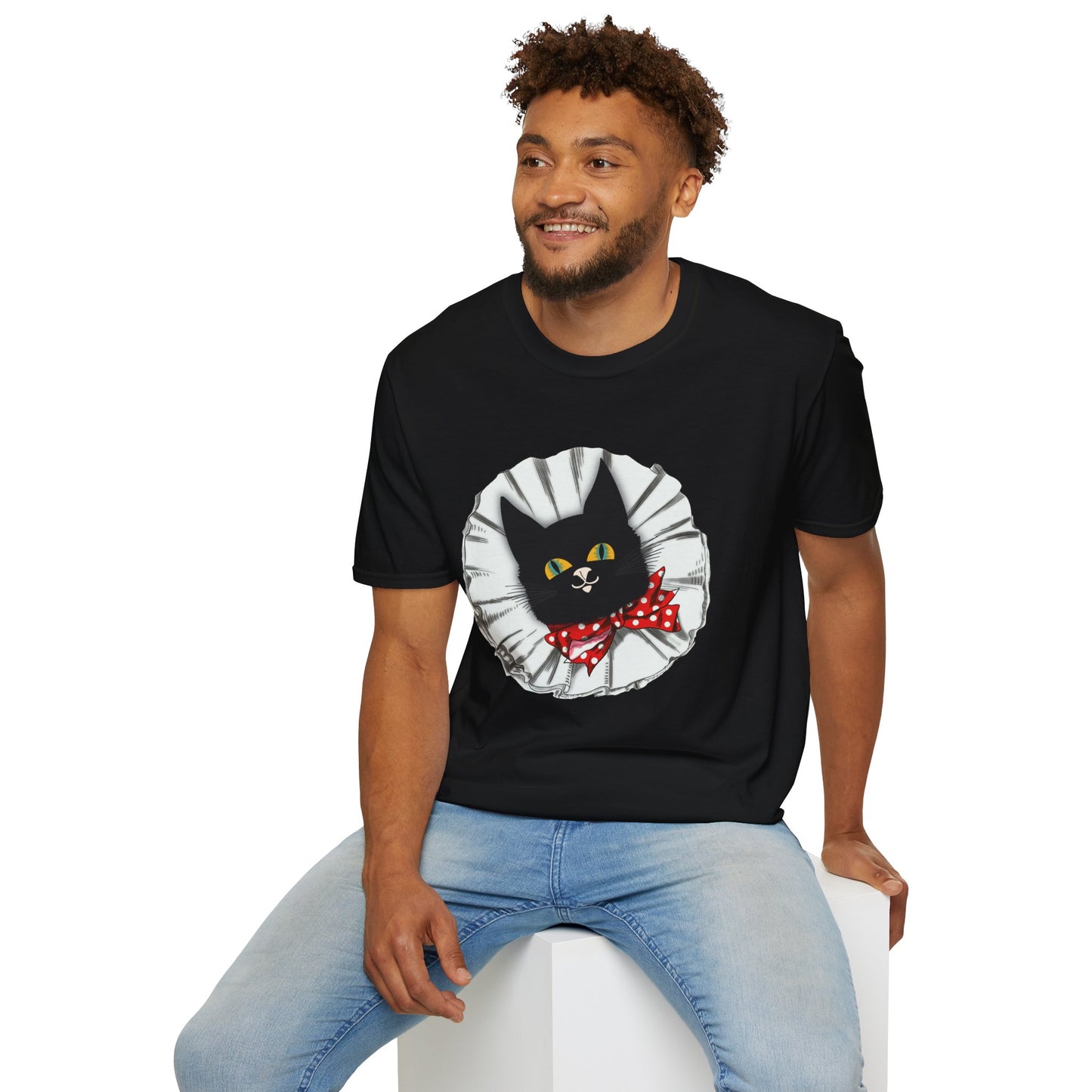 Black Cat Clown Portrait T‑Shirt — Cute Cat Face with Red Bow Graphic Tee