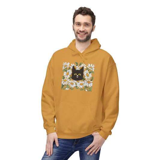 Black Cat in Daisies Hoodie – Floral Cat Graphic Pullover