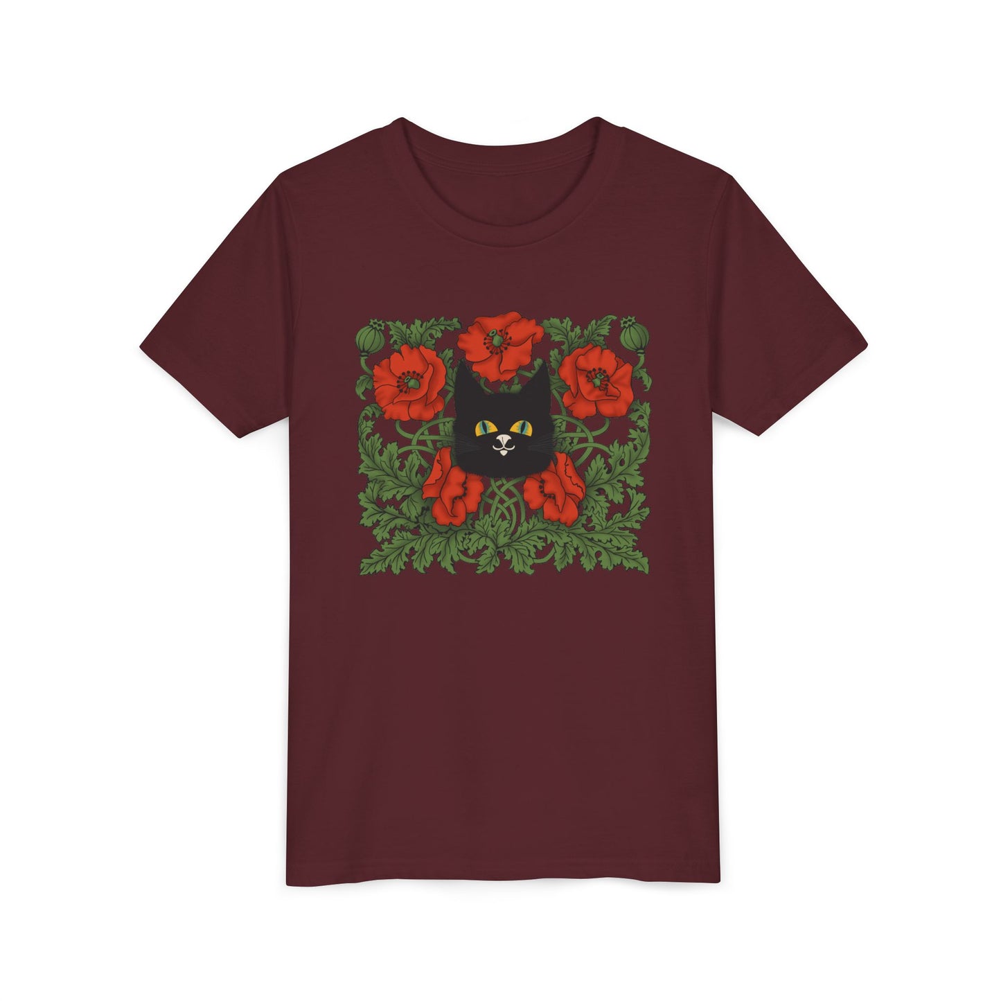 Black Cat Poppies Floral Youth Tee — Black Cat with Red Poppies Kids Shirt