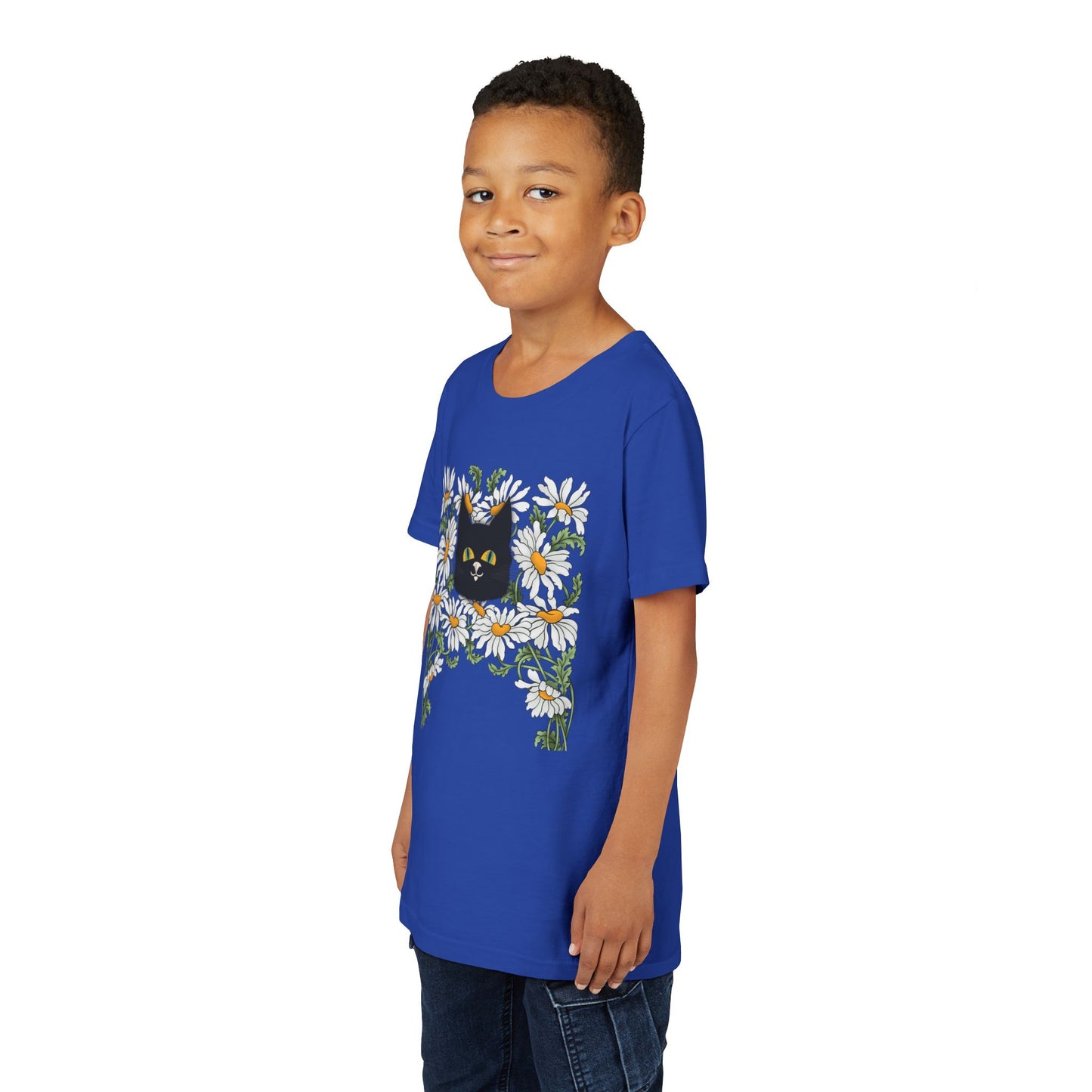 Daisies floral Youth Tee — Black Cat in Daisy Wreath Graphic