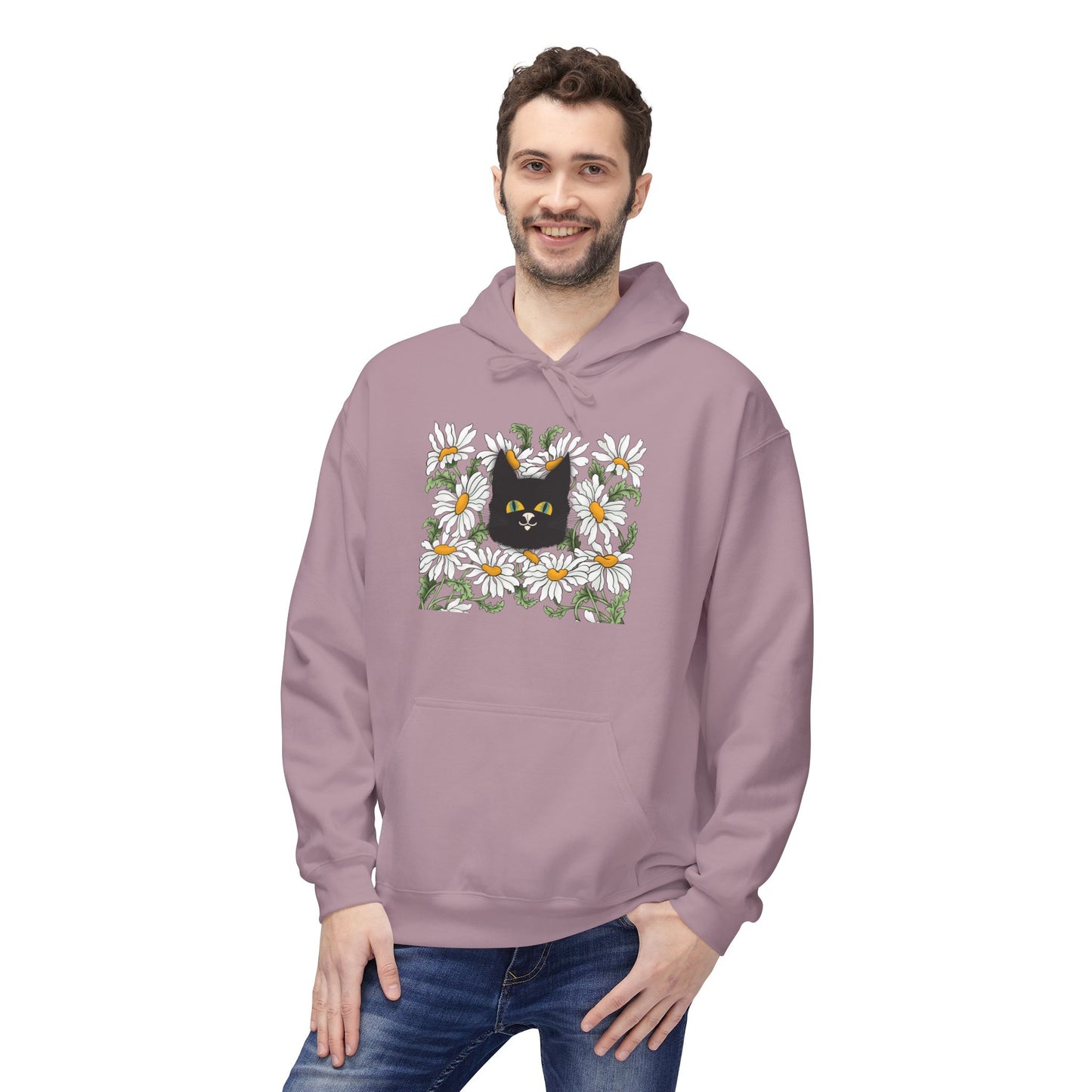 Black Cat in Daisies Hoodie – Floral Cat Graphic Pullover