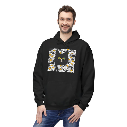 Daisy Black Cat Black Hoodie — Floral Square Graphic Hoodie