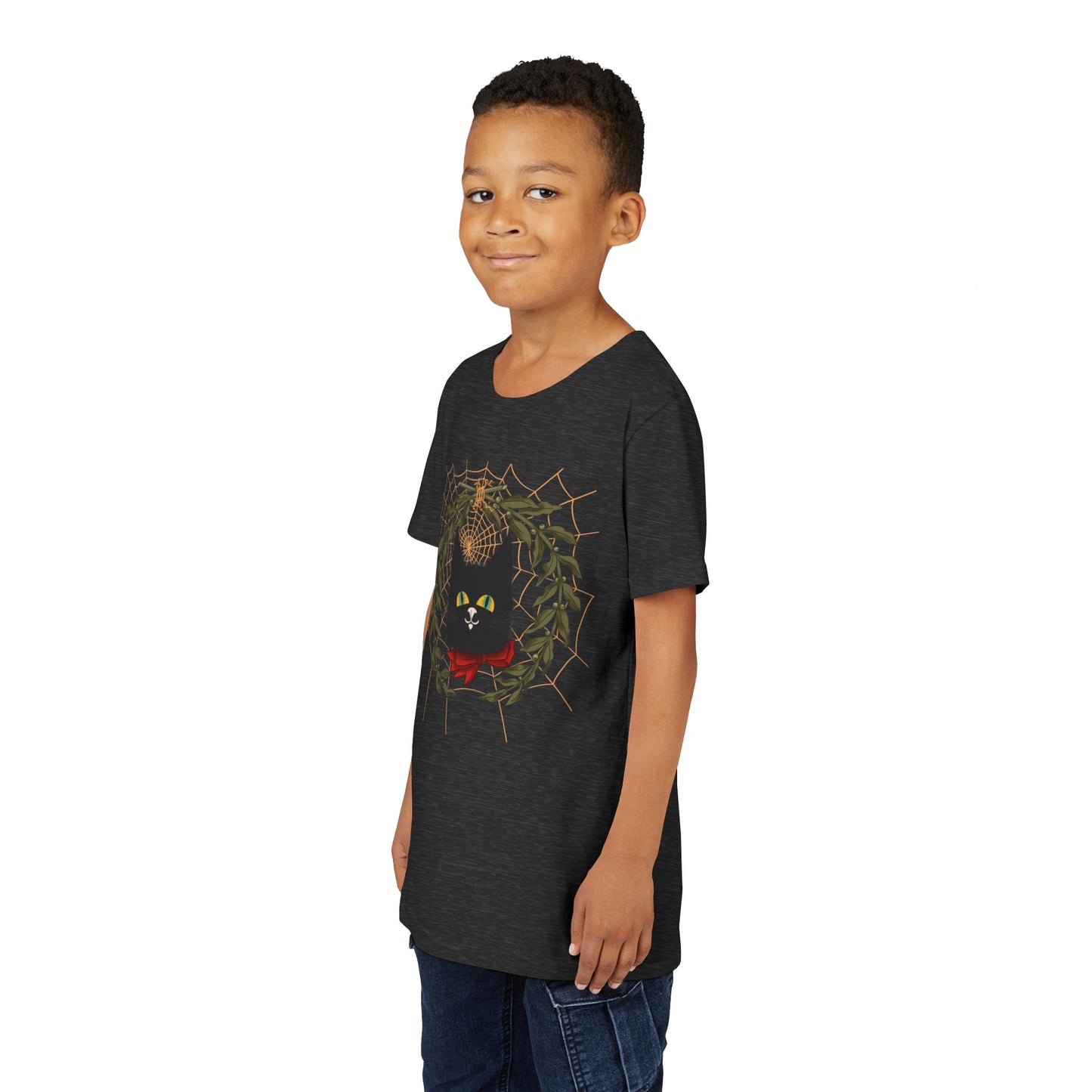 Youth Tee — Black Cat Wreath Holiday Shirt
