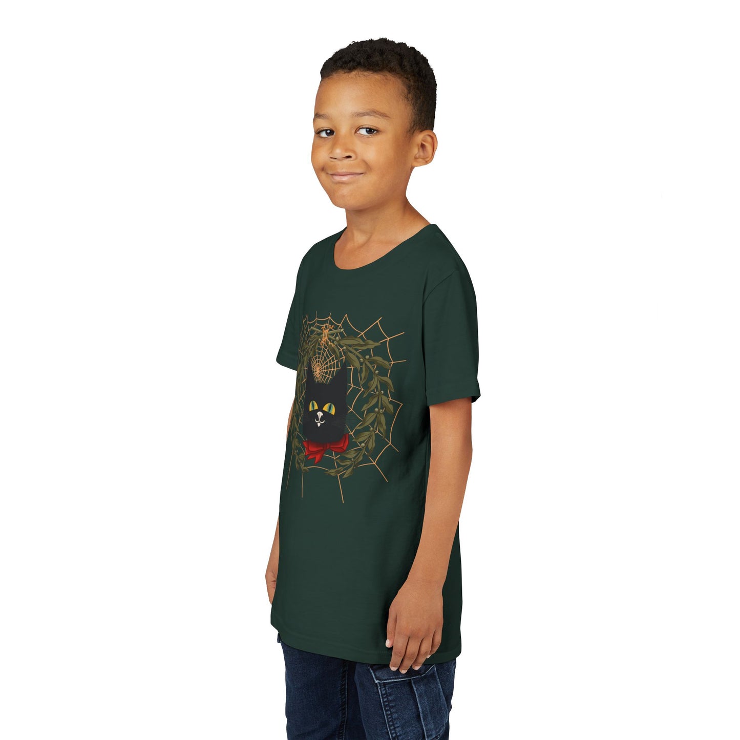 Youth Tee — Black Cat Wreath Holiday Shirt