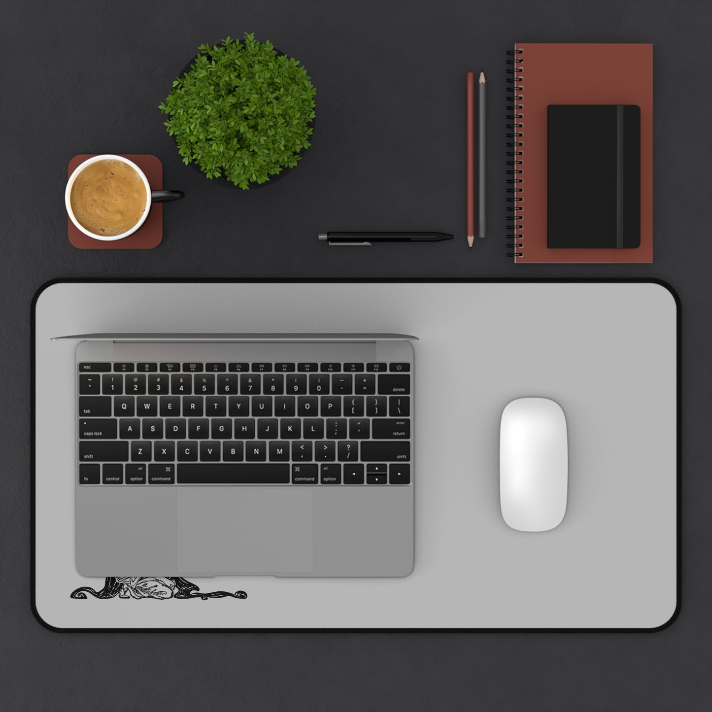 Elegant Grey Desk Mat with Artistic Illustration