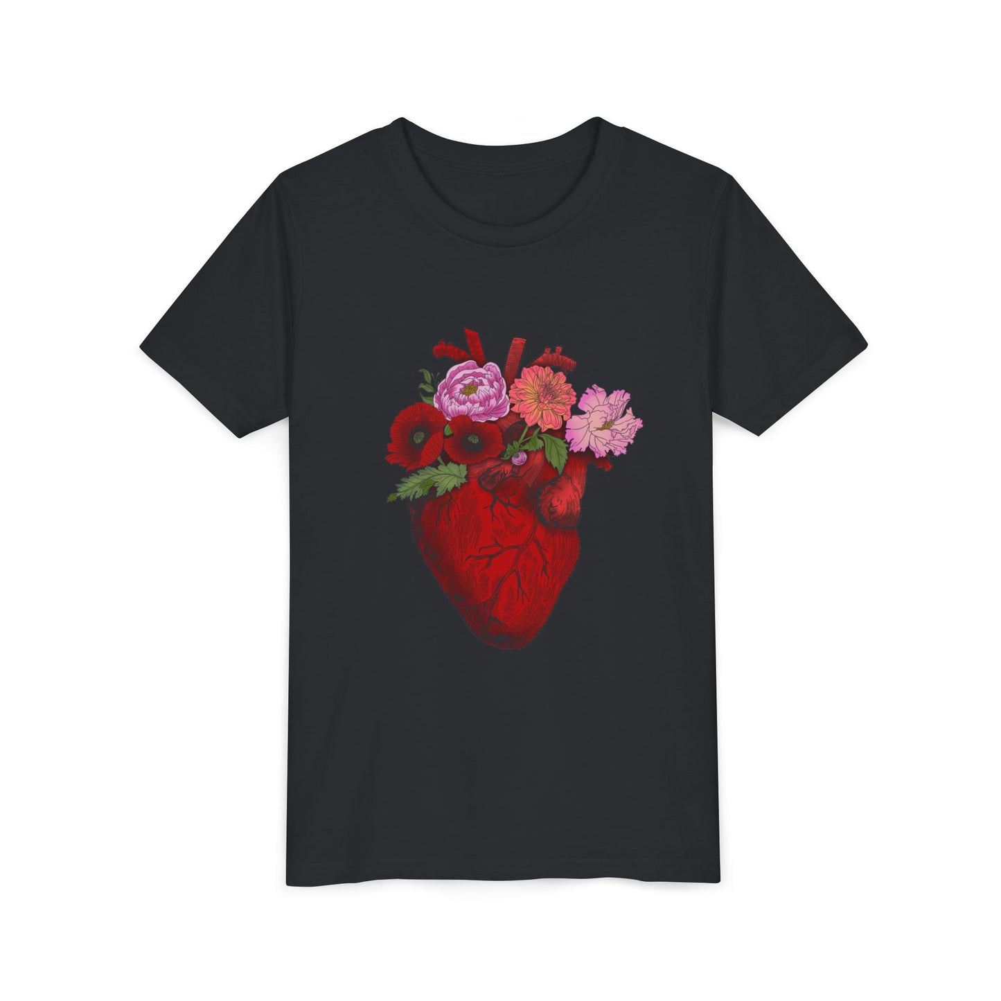 Floral Heart Youth Tee — Floral Anatomical Heart Graphic Kids T-Shirt