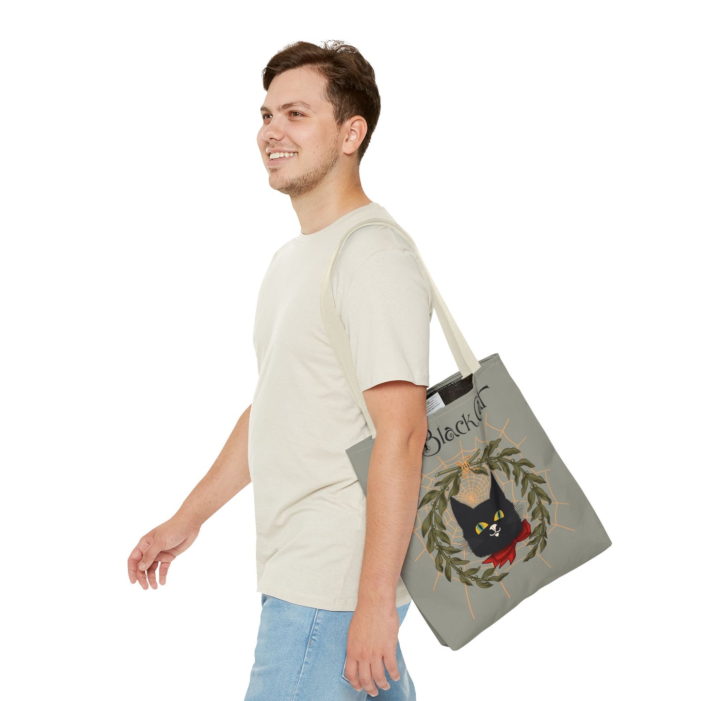 The Black Cat Web Tote Bag — Vintage Witchy Cat Holiday Grocery Tote
