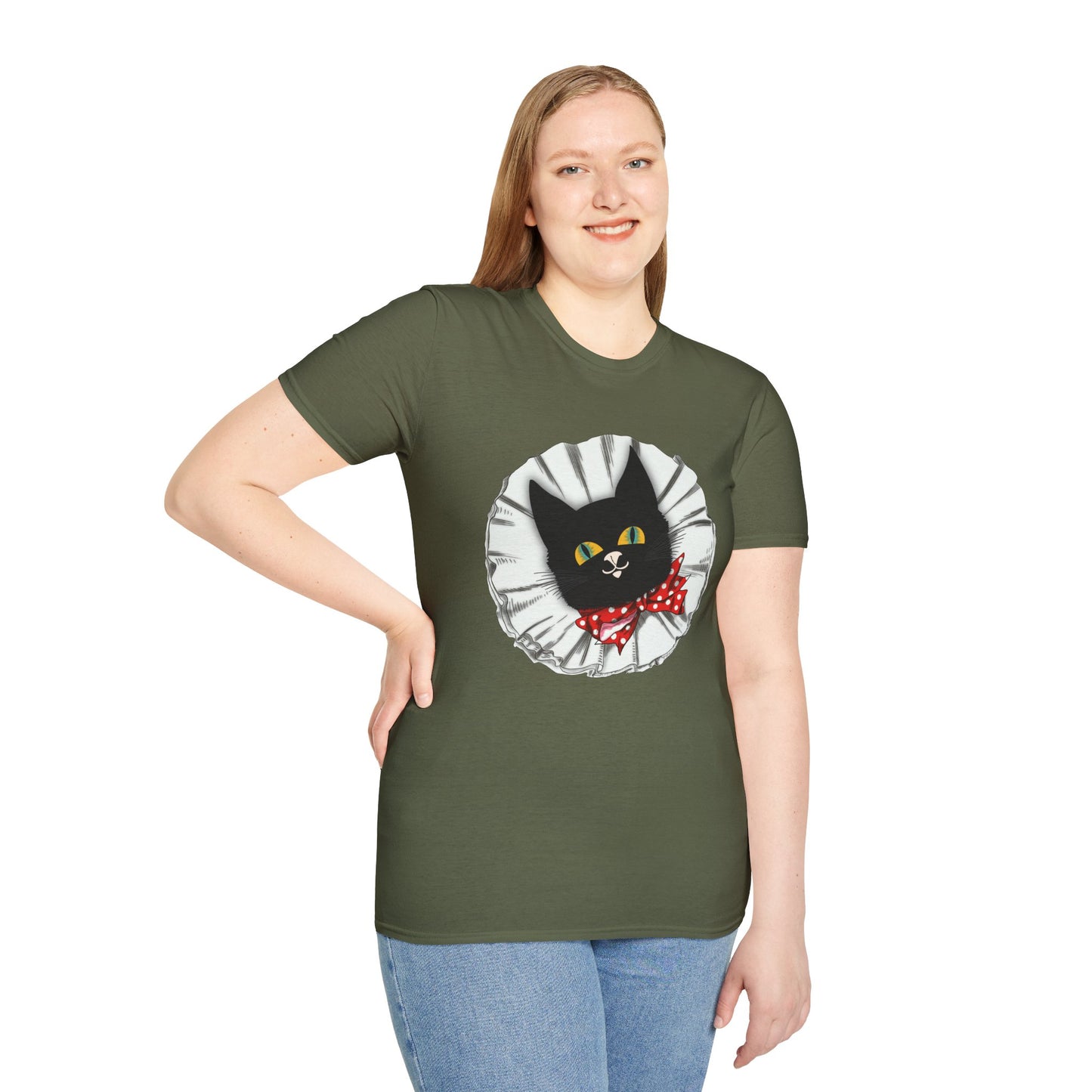 Black Cat Clown Portrait T‑Shirt — Cute Cat Face with Red Bow Graphic Tee